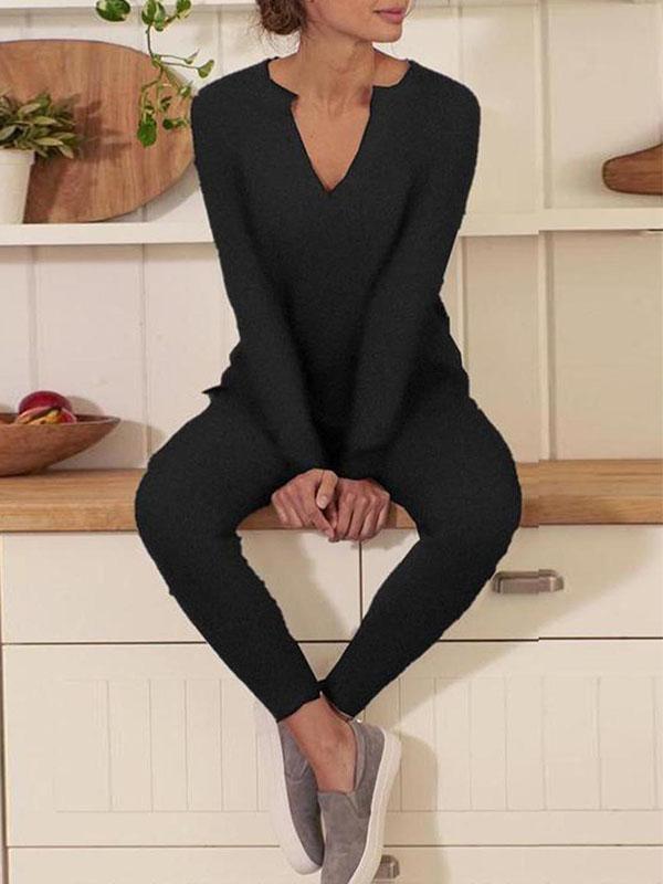 Stunncal V-Neck Solid Color Sets