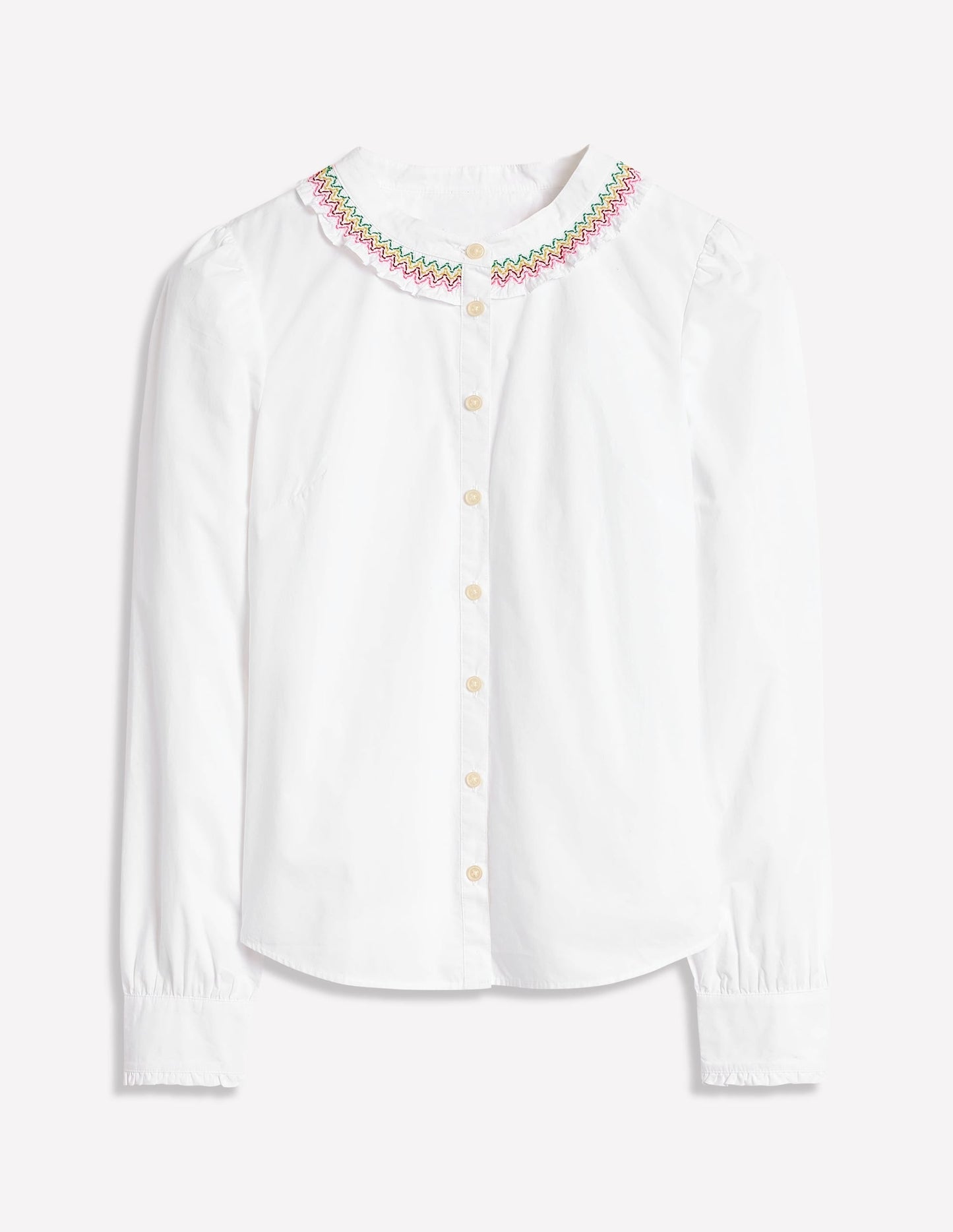 Smocked Neck Shirt-White, Multi Stitching