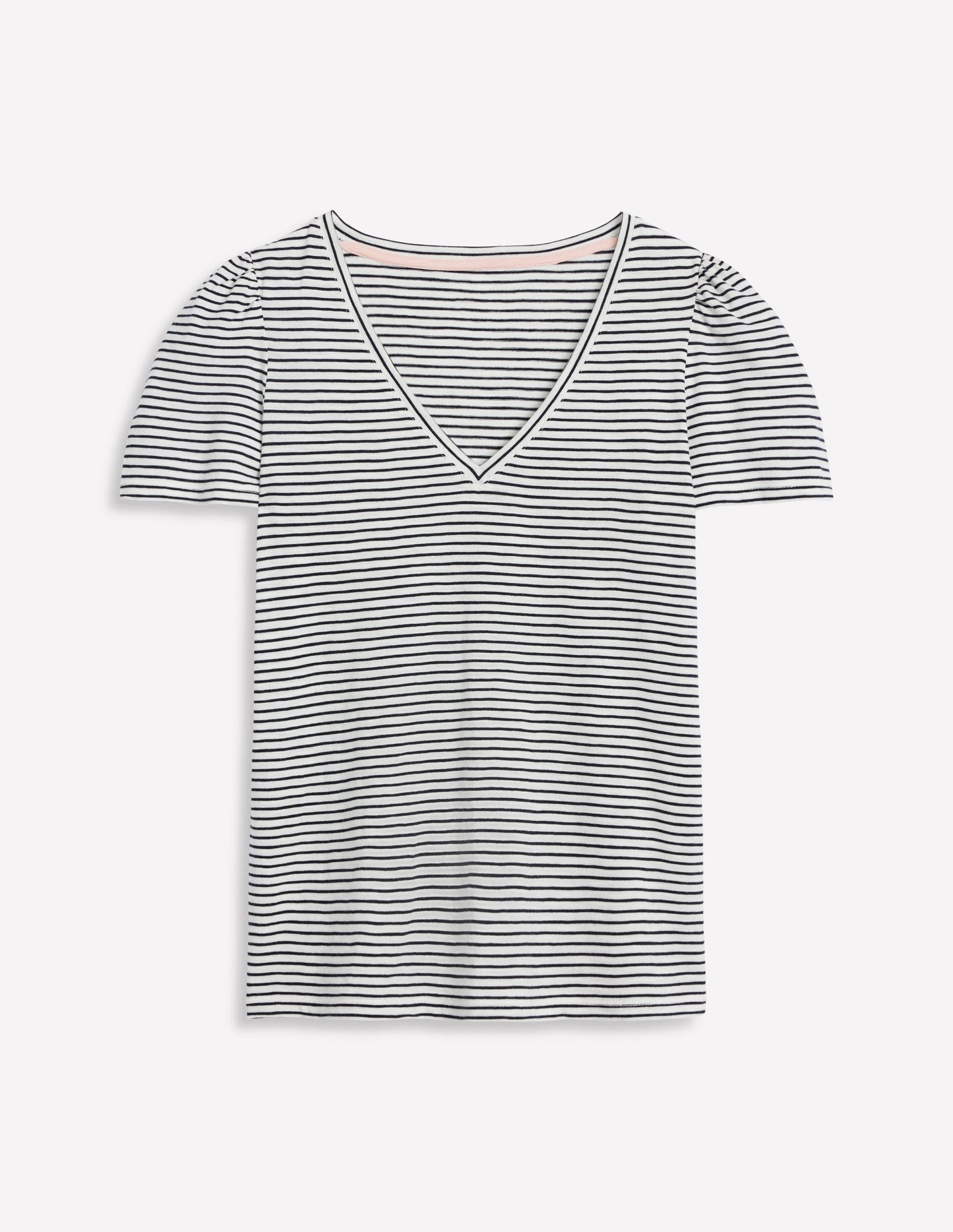 Sophie V-neck Slub T-shirt-Ivory, Navy Stripe