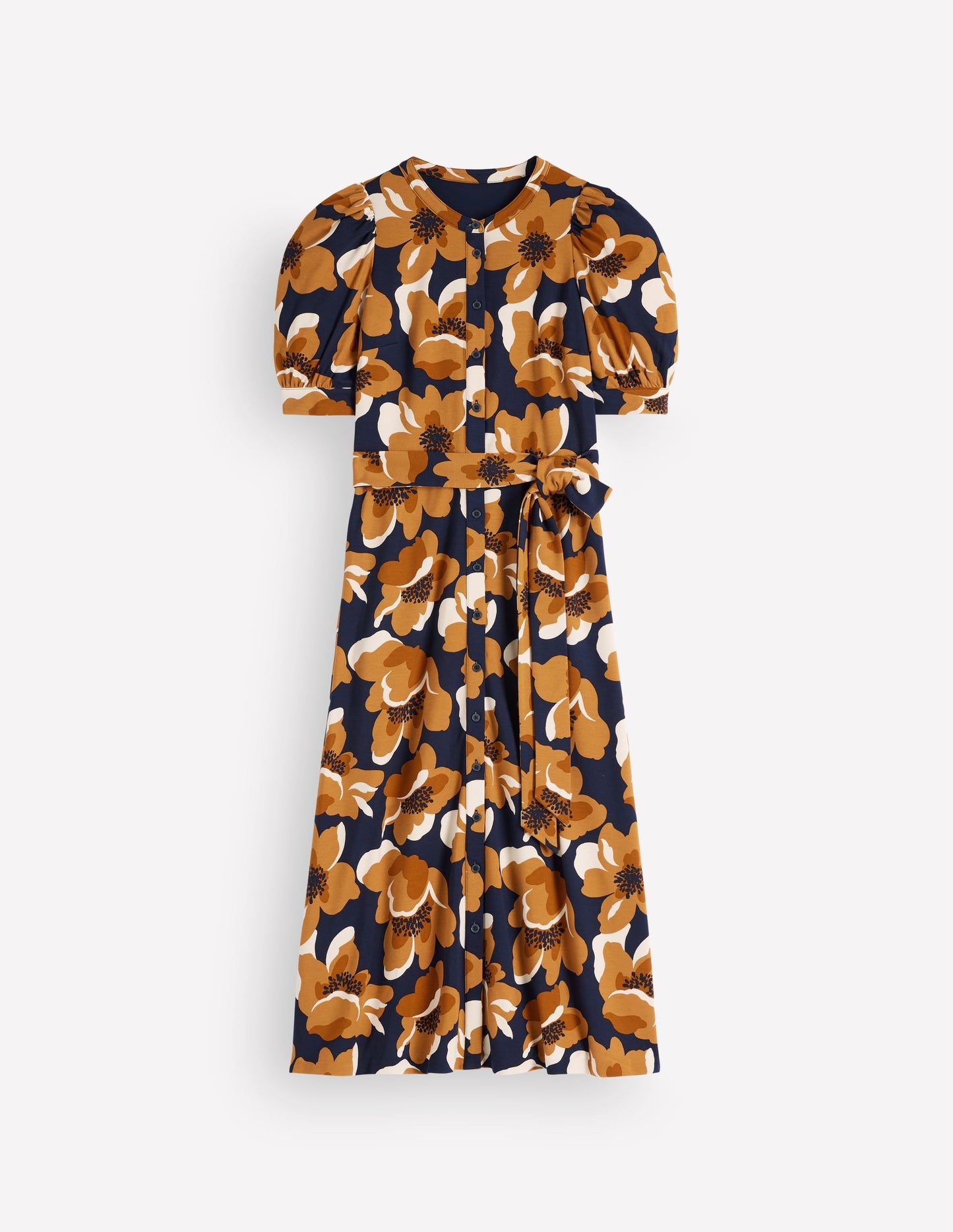 Puff Sleeve Ponte Shirt Dress-French Navy, Flowering Garden