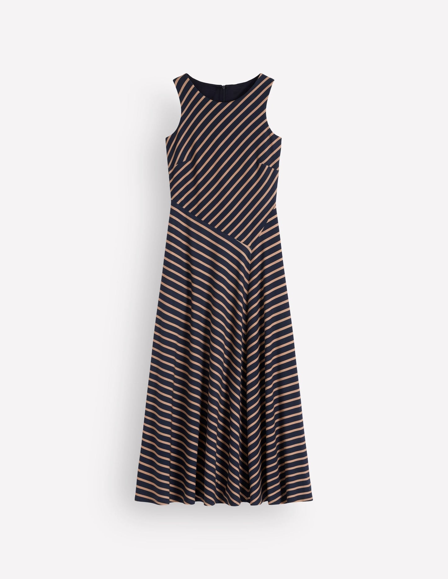Asymetric Ponte Midi Dress-Navy and Camel Stripe