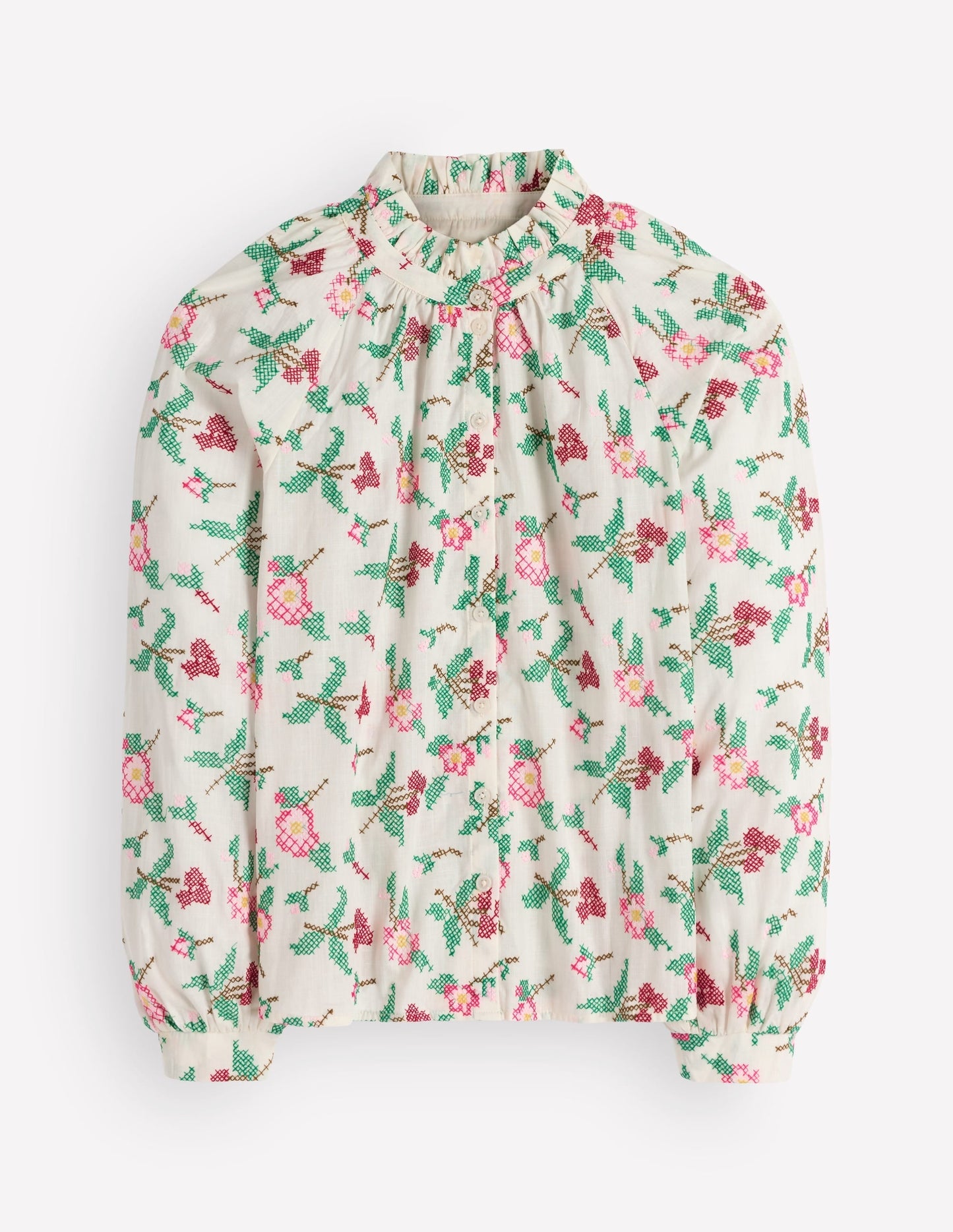Erica Cotton Frill Top-White Cross Stitch Floral