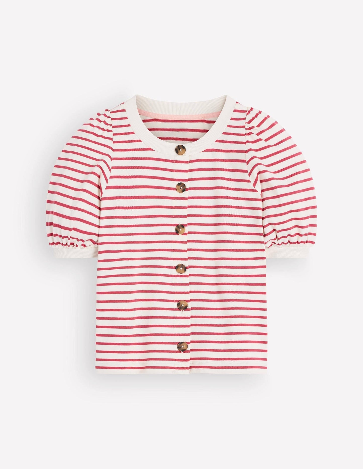 Button-through Puff Sleeve Top-Ivory and Hollyberry Stripe