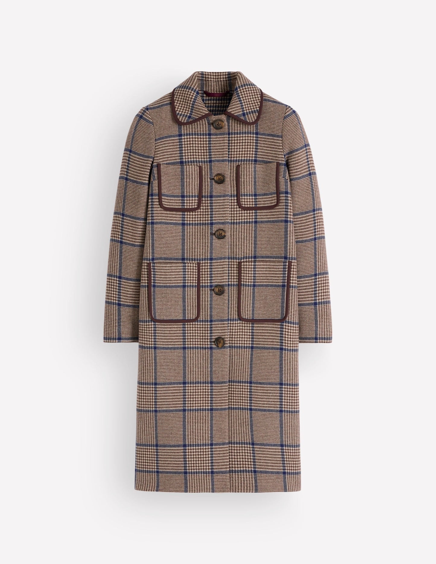 Patch Pocket Wool Blend Coat-Maroon, Teal Prince of Wales