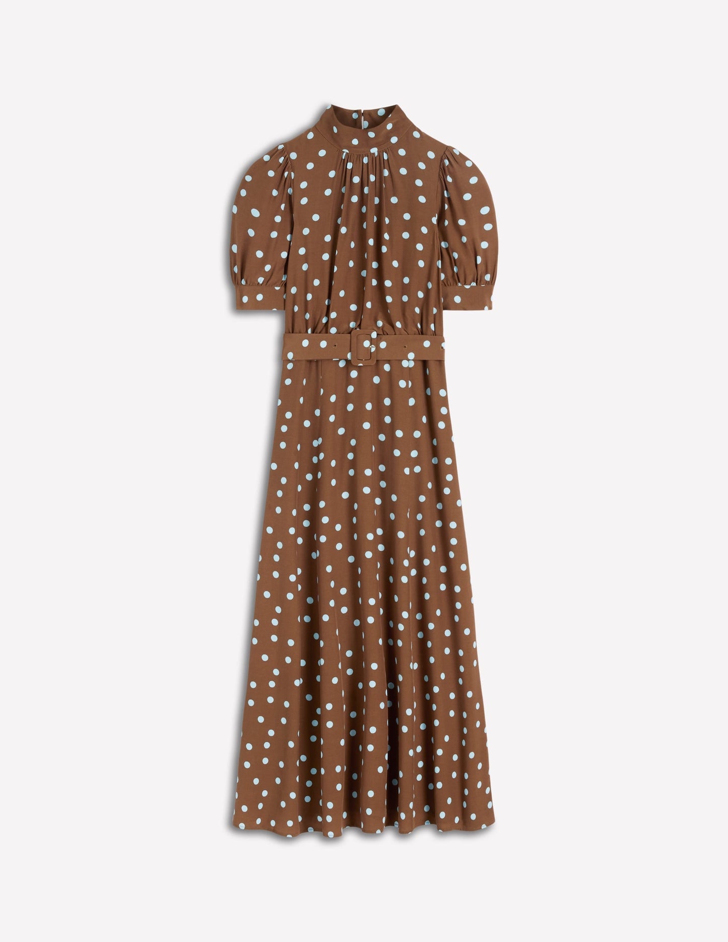 High Neck Belted Dress-Raw Umber, Painted Dot