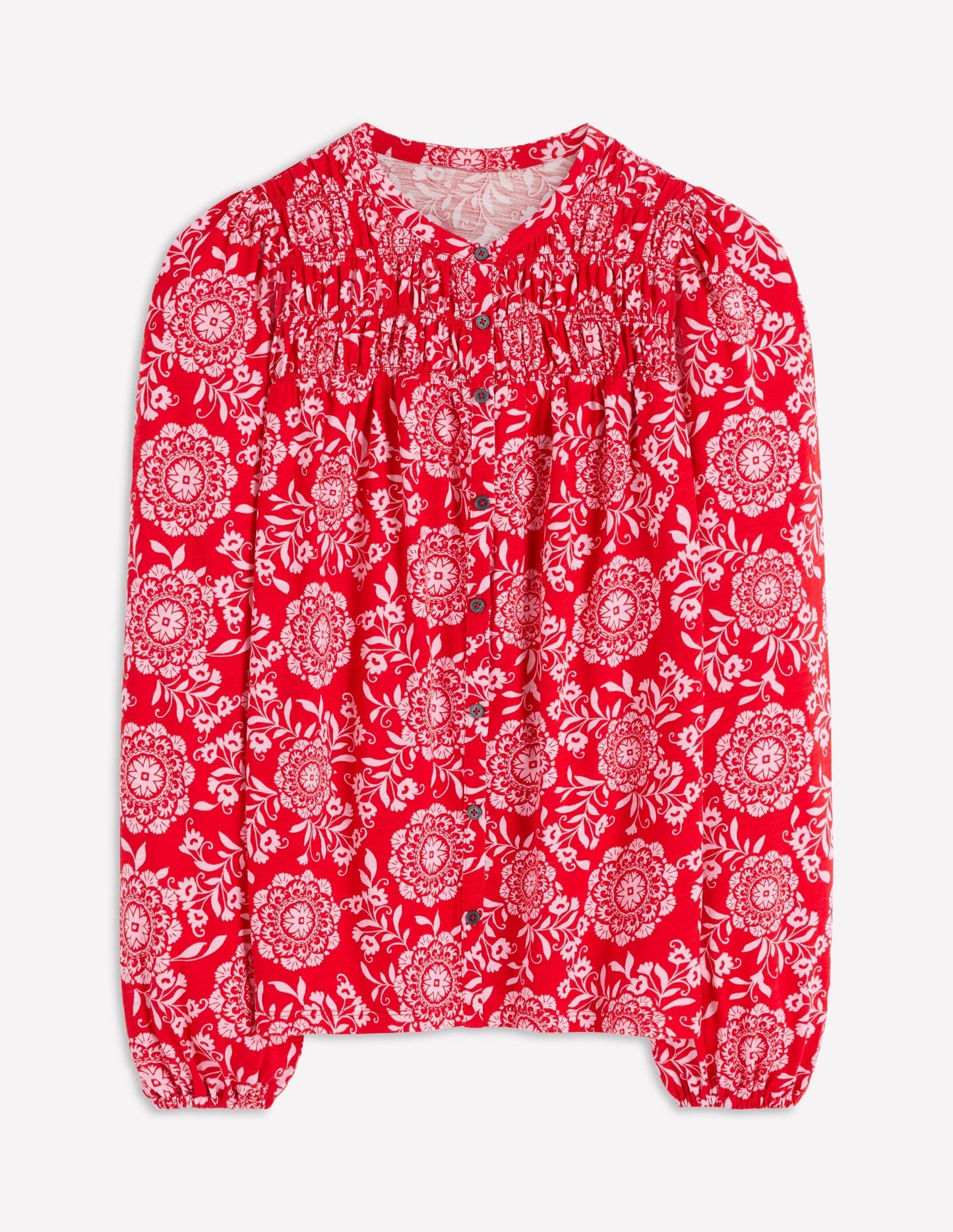 Mya Smocked Jersey Shirt-Salsa, Decorative Blossom
