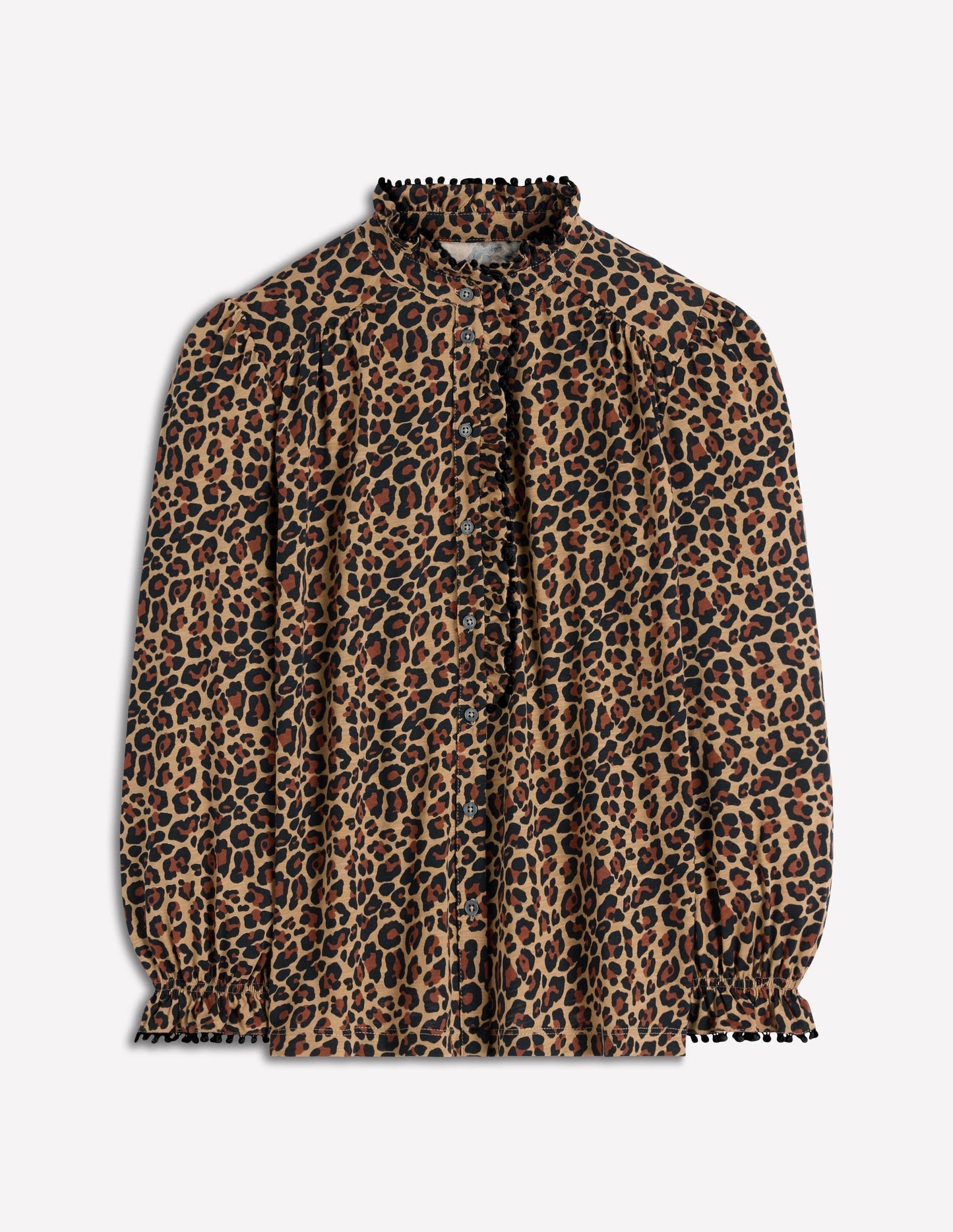 Emily Pom Trim Ruffle Shirt-Cheetah Spot