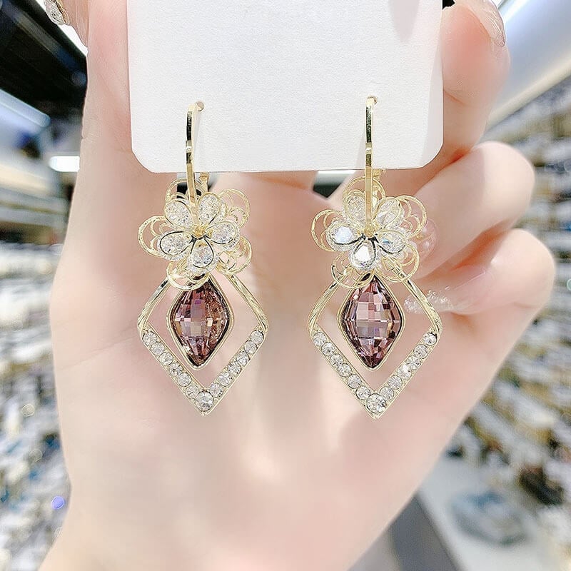 💖 Best Gift🌹Flower Zircon Rhombic Sapphire Drop Earrings