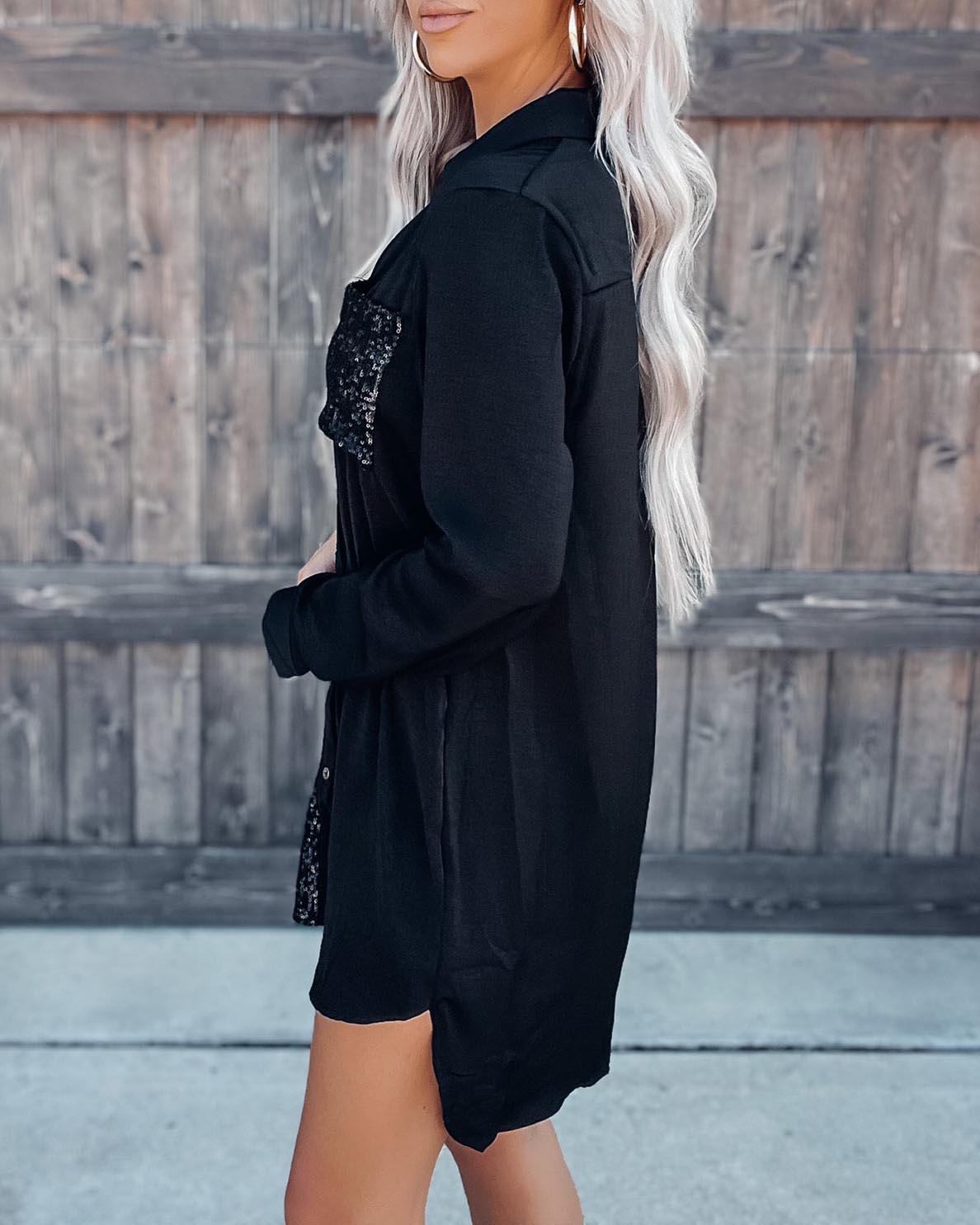 Stunncal Satin Sequin Button Down Shirt Dress