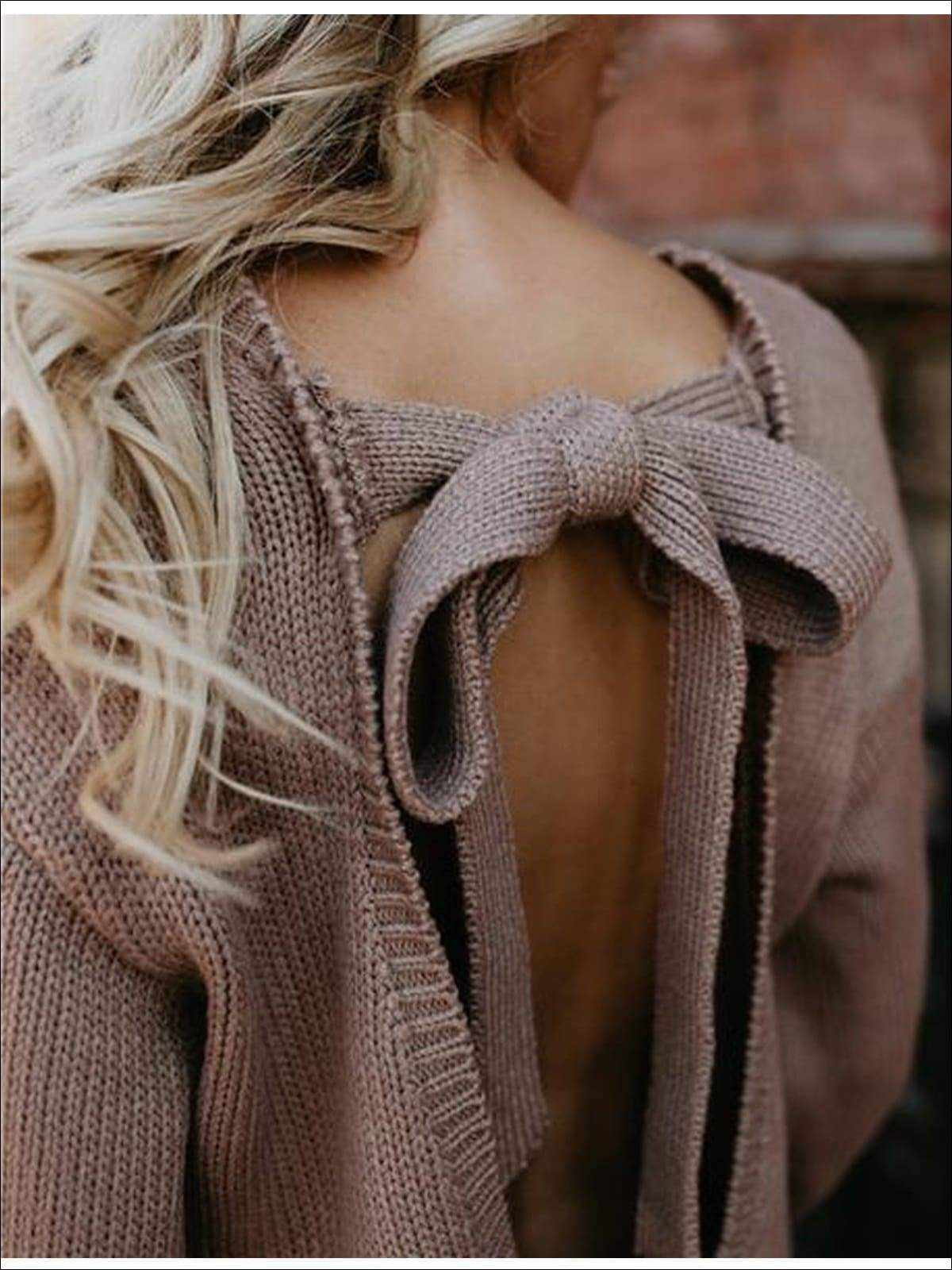 Stunncal Knitted Oversized Sexy Bow Tie Back Lantern Sleeve Sweater