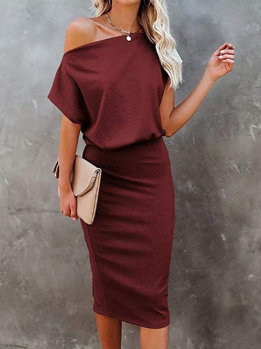 Stunncal Cold Shoulder Plain Half Sleeve Pencil Dress(8 Colors£©