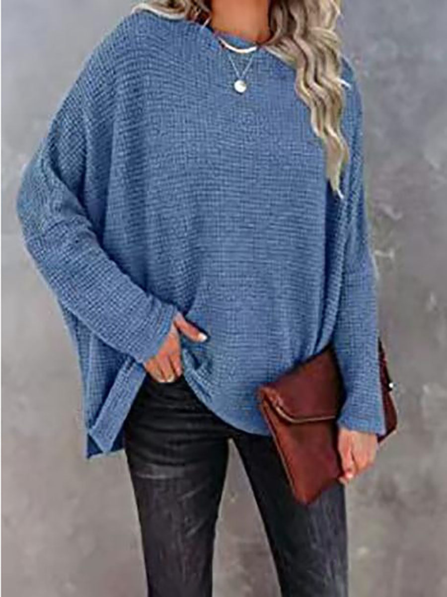 Stunncal Solid Color Knitted Bat Long Sleeve Sweater