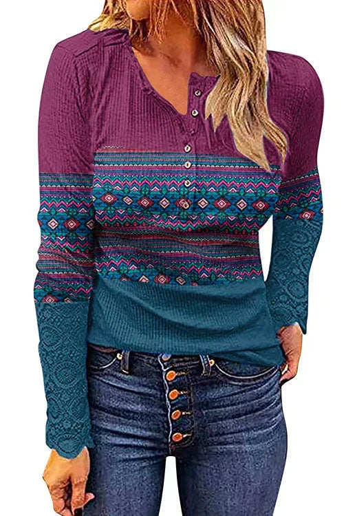 Stunncal V Neck Buttons Printed Bottoming Shirt