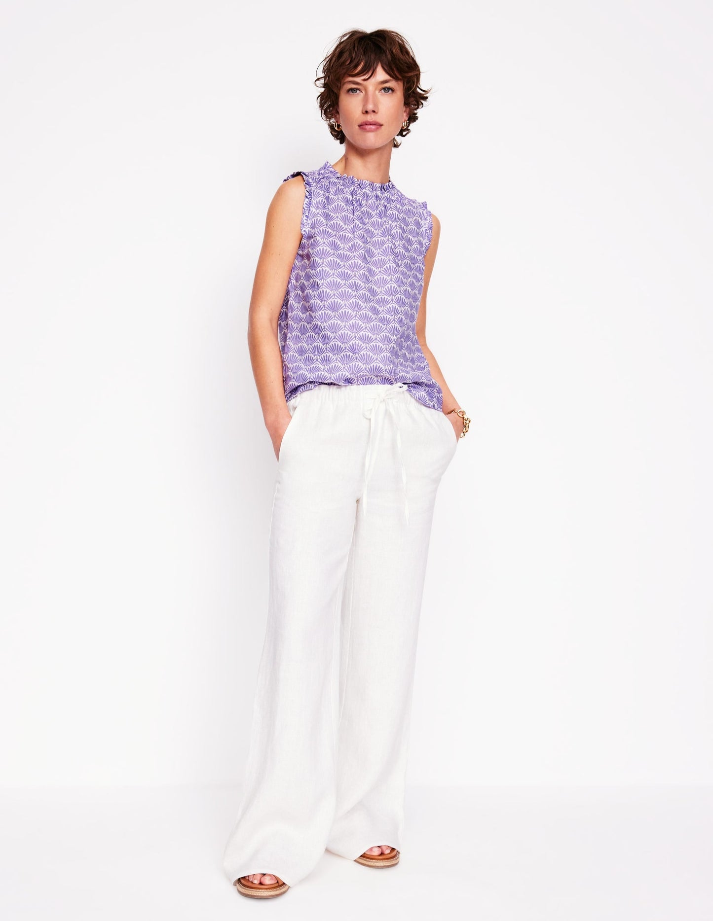 Sophie Ruffle Linen Top-Purple, Deco Palm