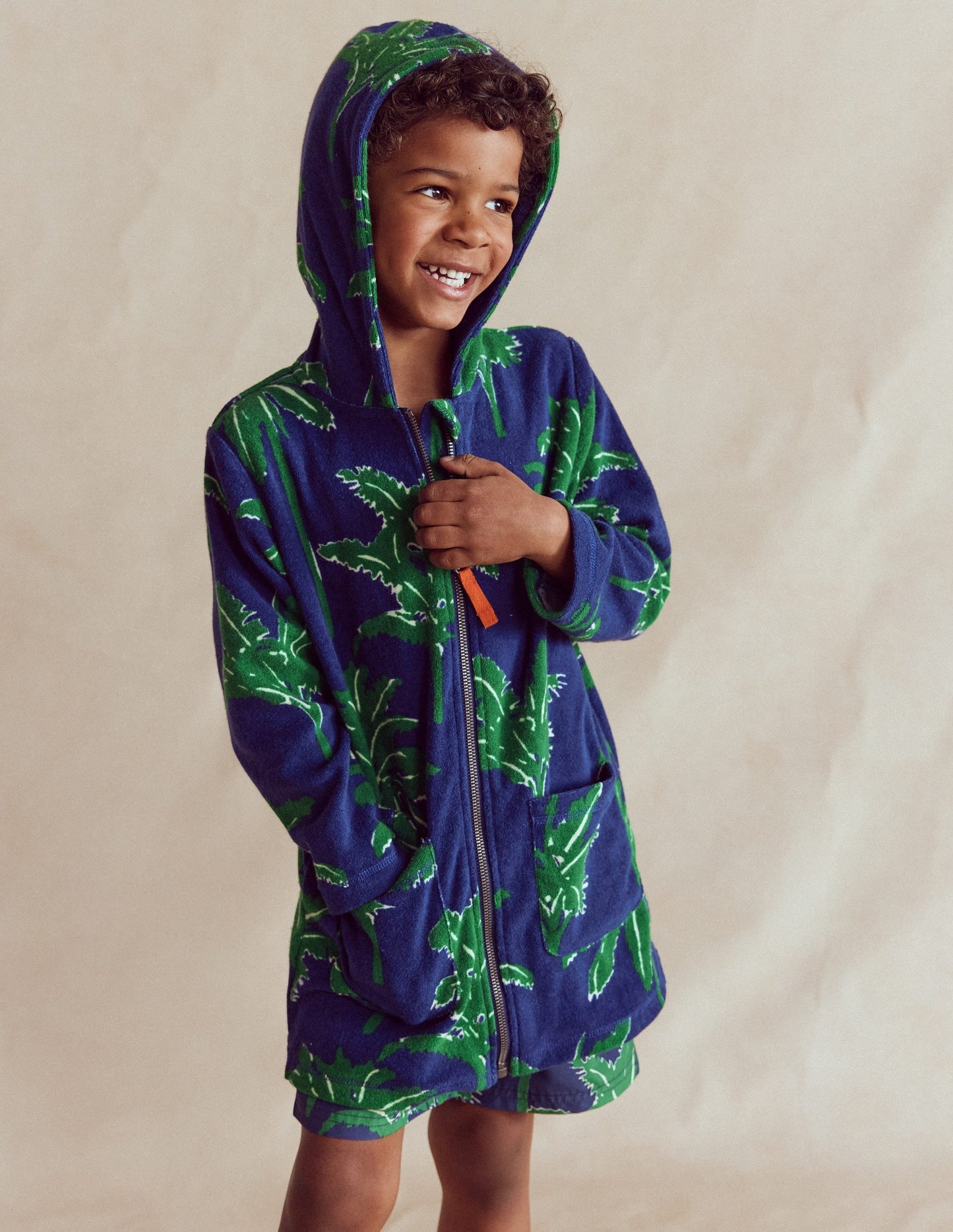 Towelling Zip-Up Throw-On-Starboard Blue Palm Trees
