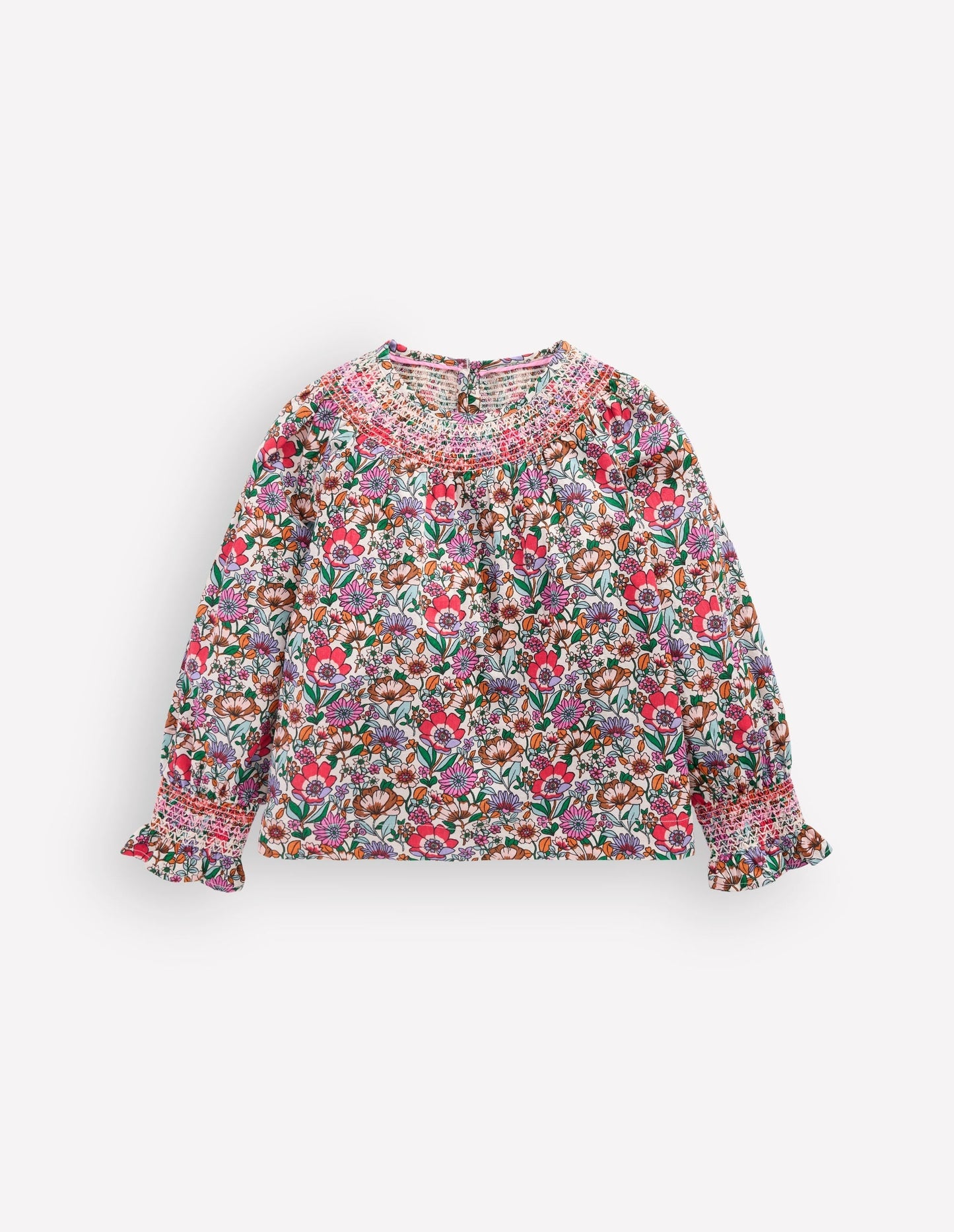 Smocked Printed Blouse-Soft Cream Floral Field