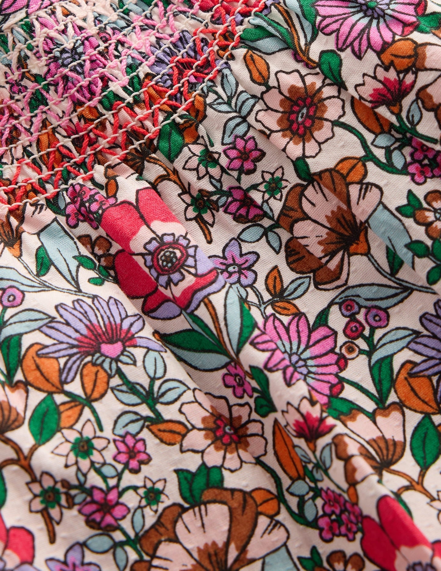 Smocked Printed Blouse-Soft Cream Floral Field