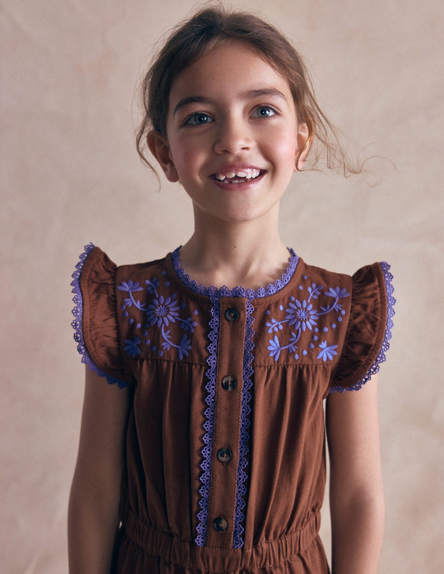 Flutter Sleeve Denim Jumpsuit-Brown Embroidery