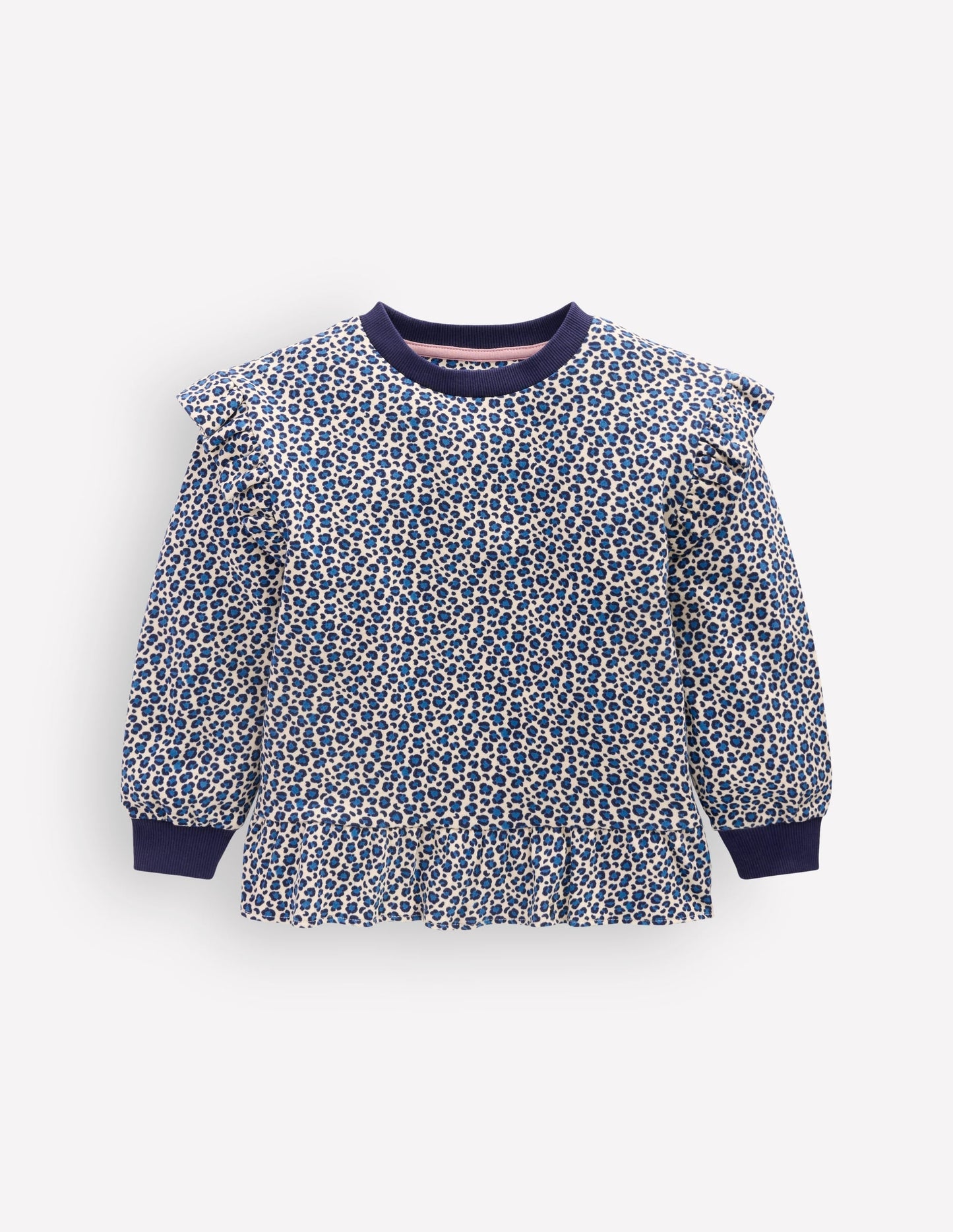 Pretty Frill Sweatshirt-Calico White/ Blue Leopard