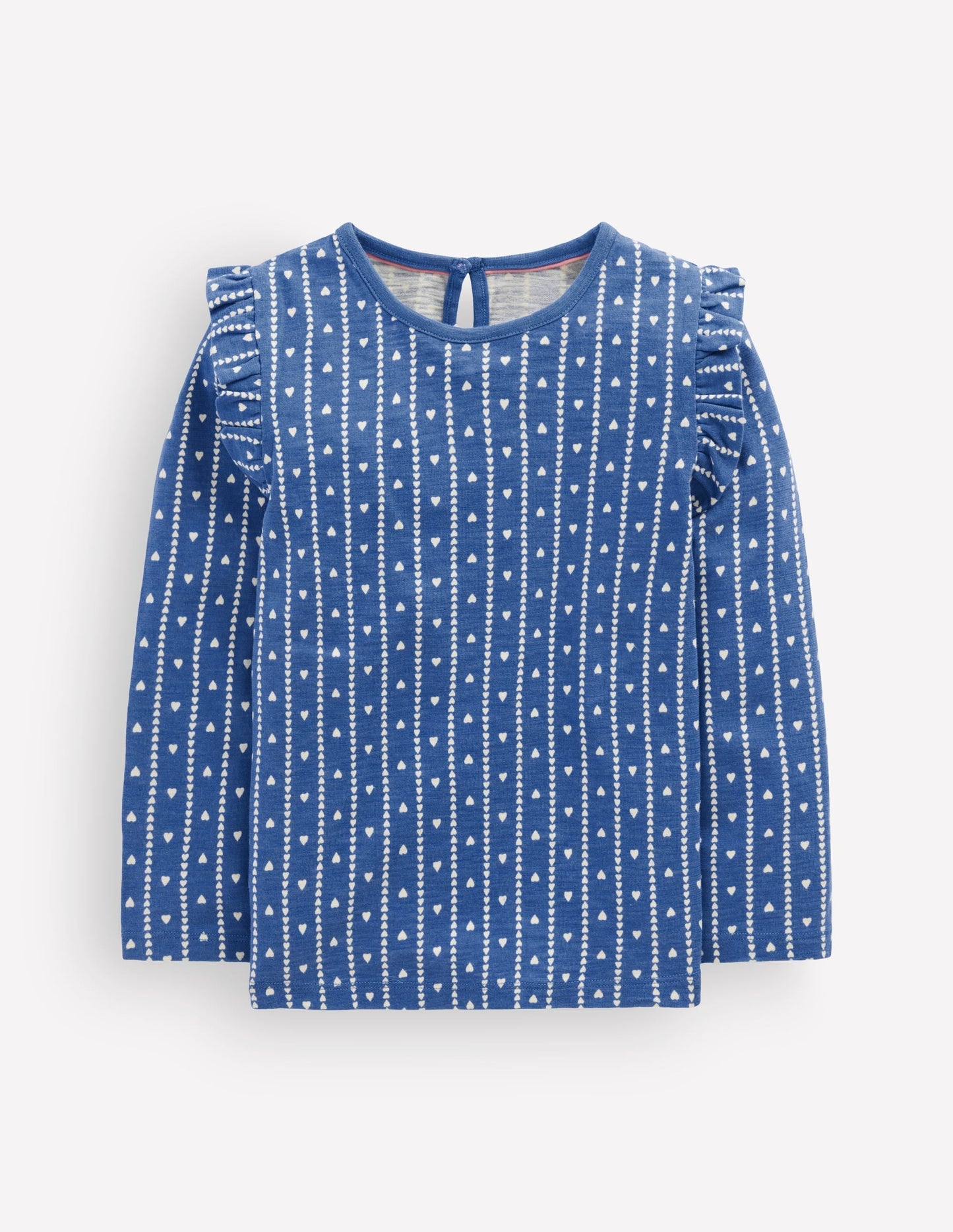 Frill Sleeve Slub Top-Blue Linear Hearts