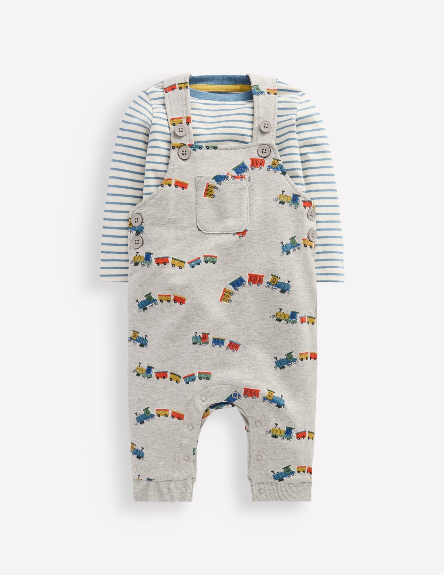 Jersey Dungarees Set-Grey Marl Trains