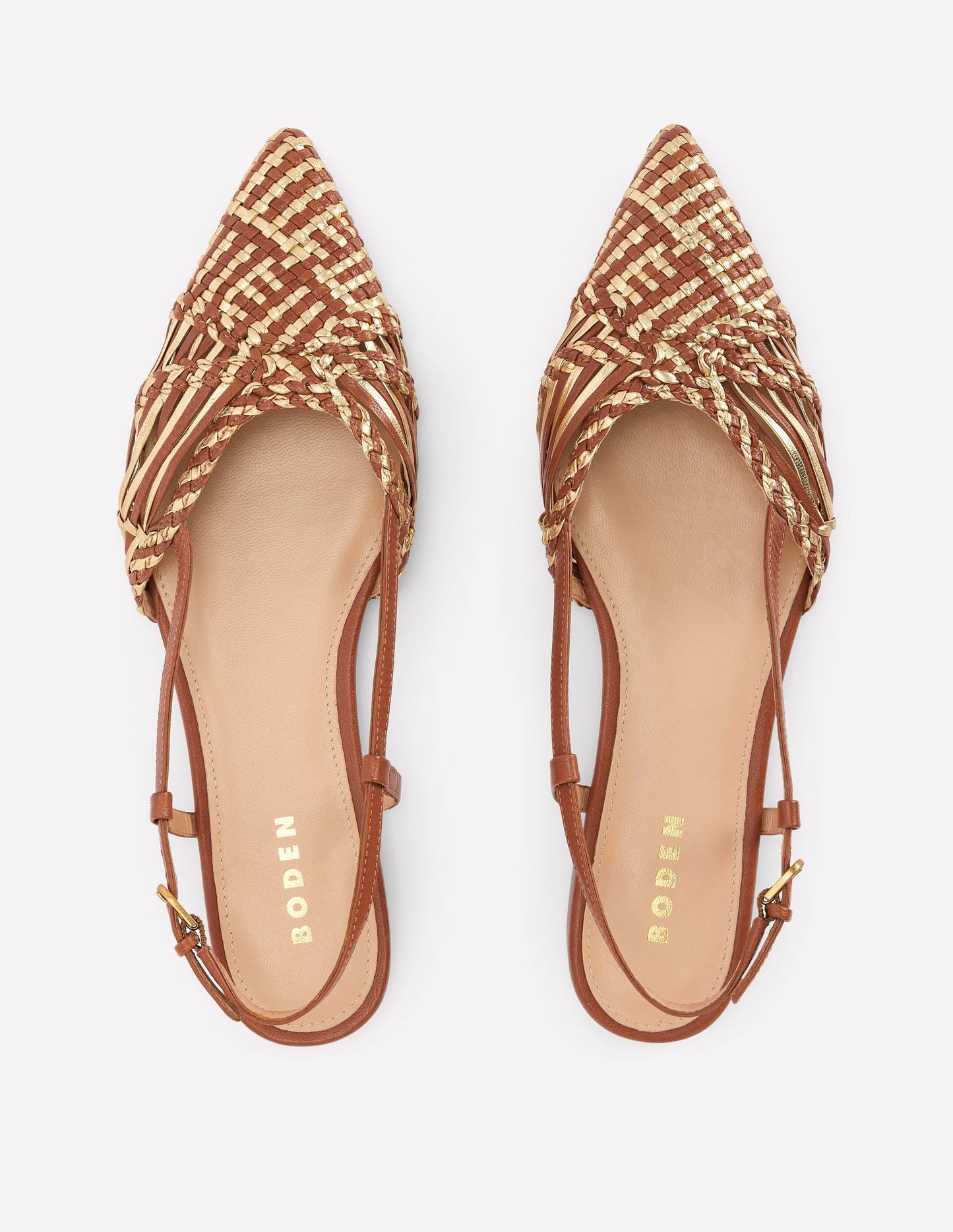 Woven Detail Pointed Flats-Tan/ Gold
