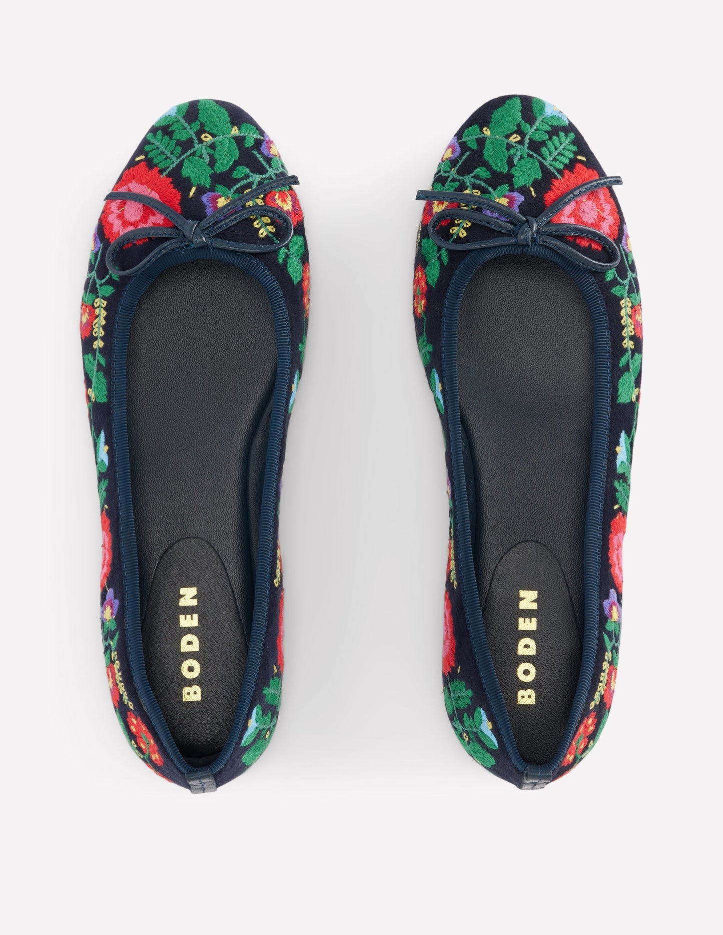 Patti Round Toe Ballet Flats-Navy Embroidered