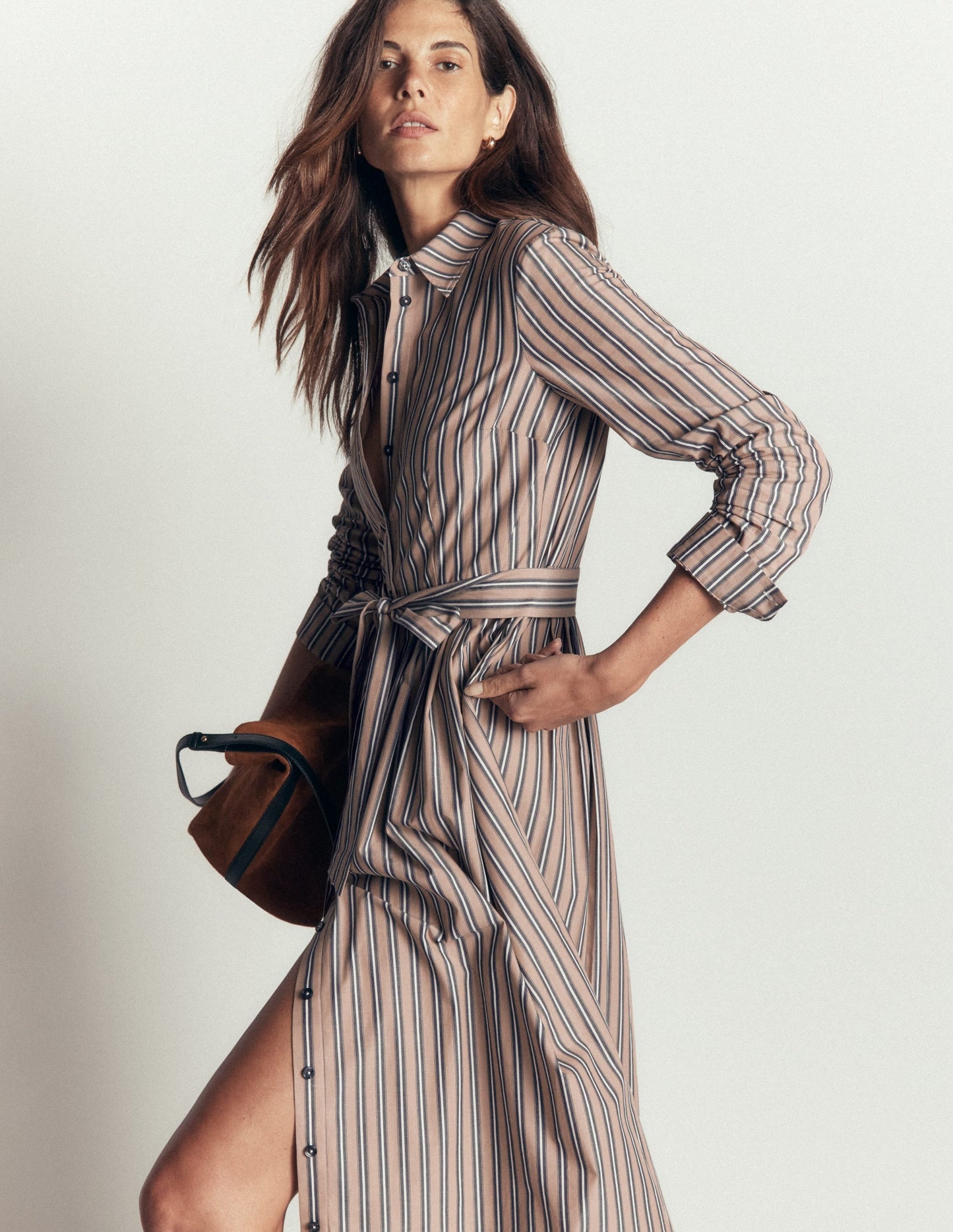 Alexa Cotton Midi Shirt Dress-Camel, Navy Tram Stripe