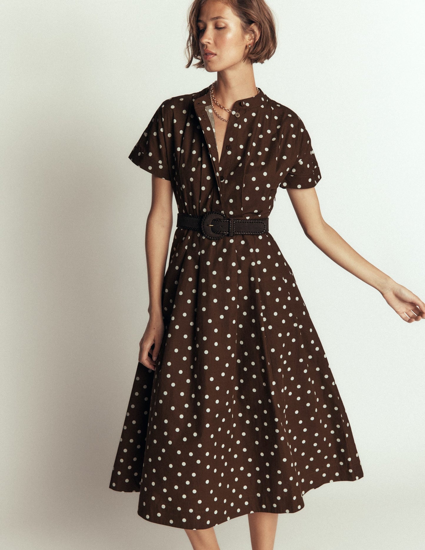 Grown On Sleeve Midi Dress-Raw Umber, Painted Dot Spaced