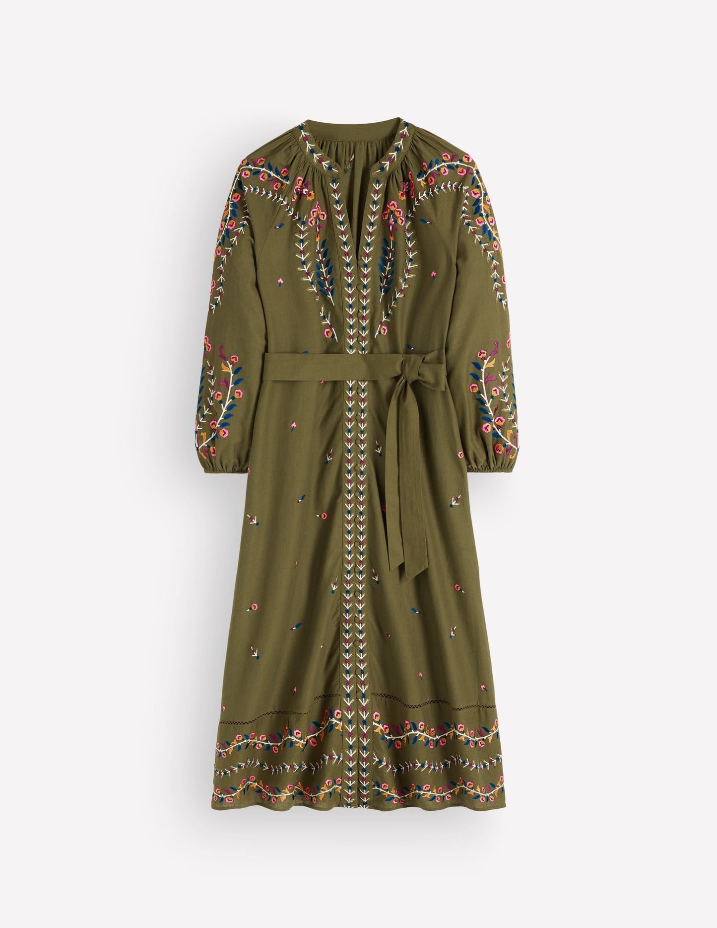 Embroidered Linen Dress-Woodland Green, Embroidery