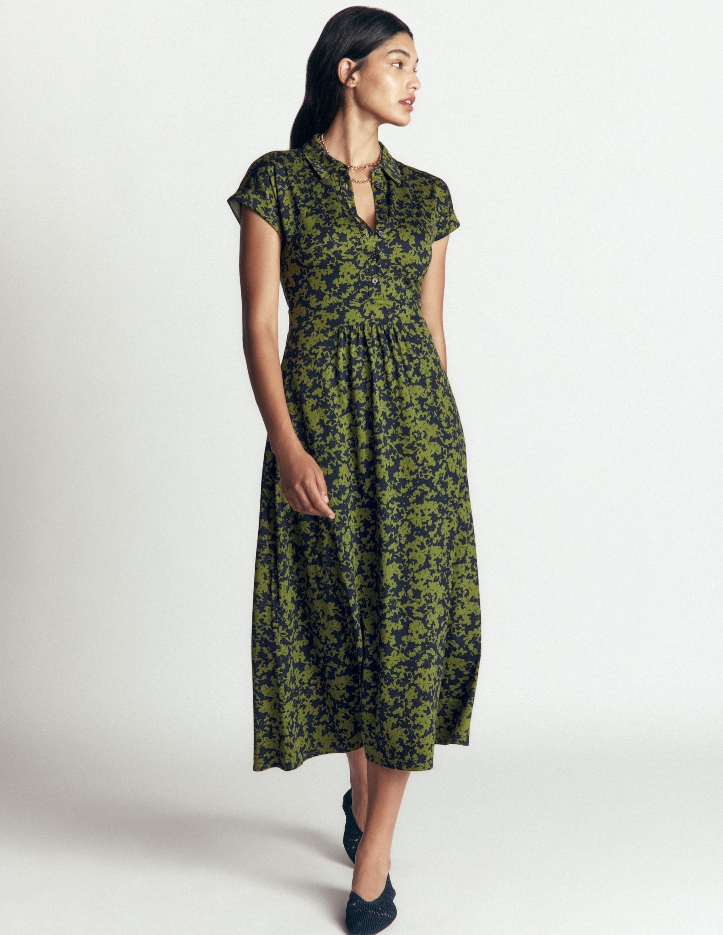 Fae Jersey Shirt Dress-Forest Green, Sprayed Leaf