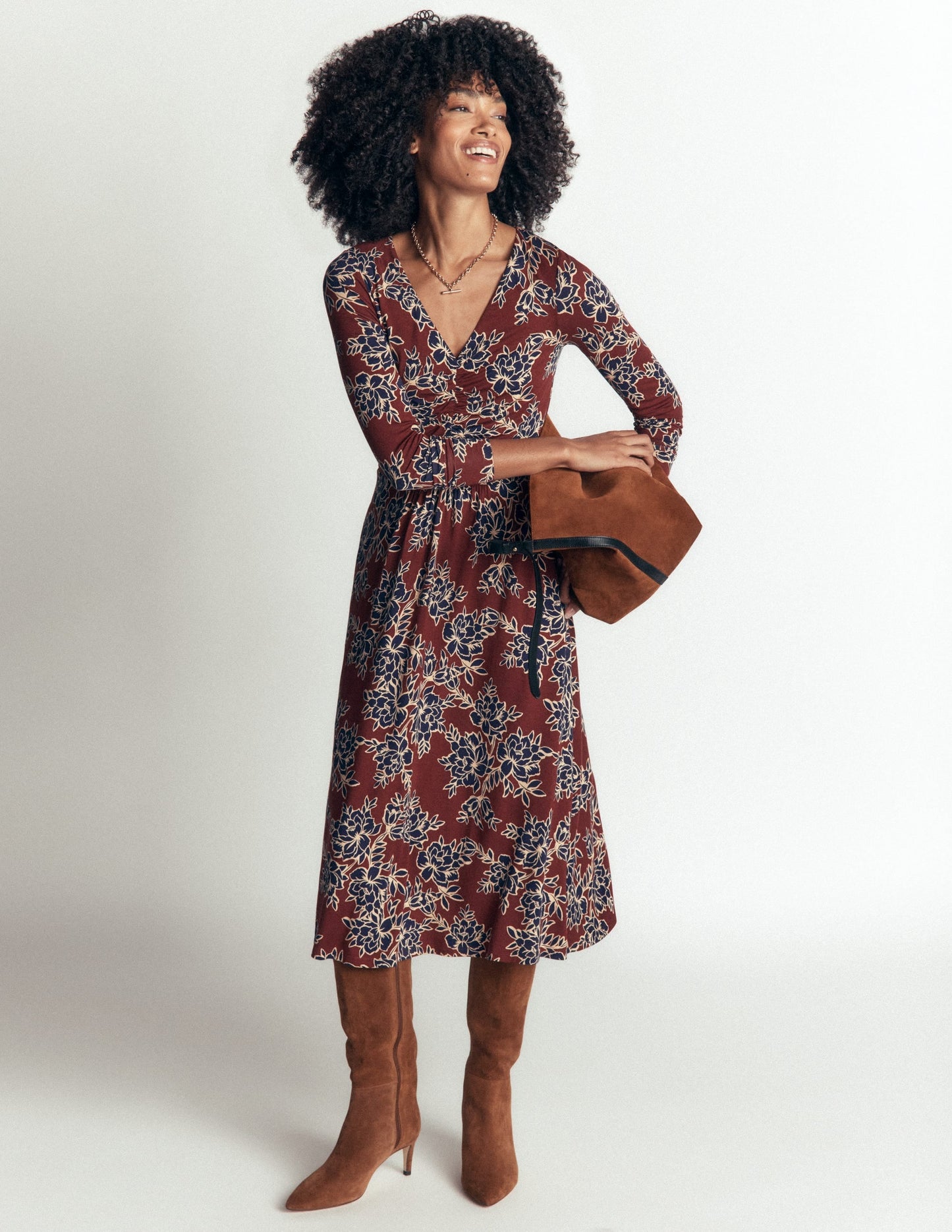 Jasmine Ruched Jersey Dress-Roasted Brown, Enchanted Peony