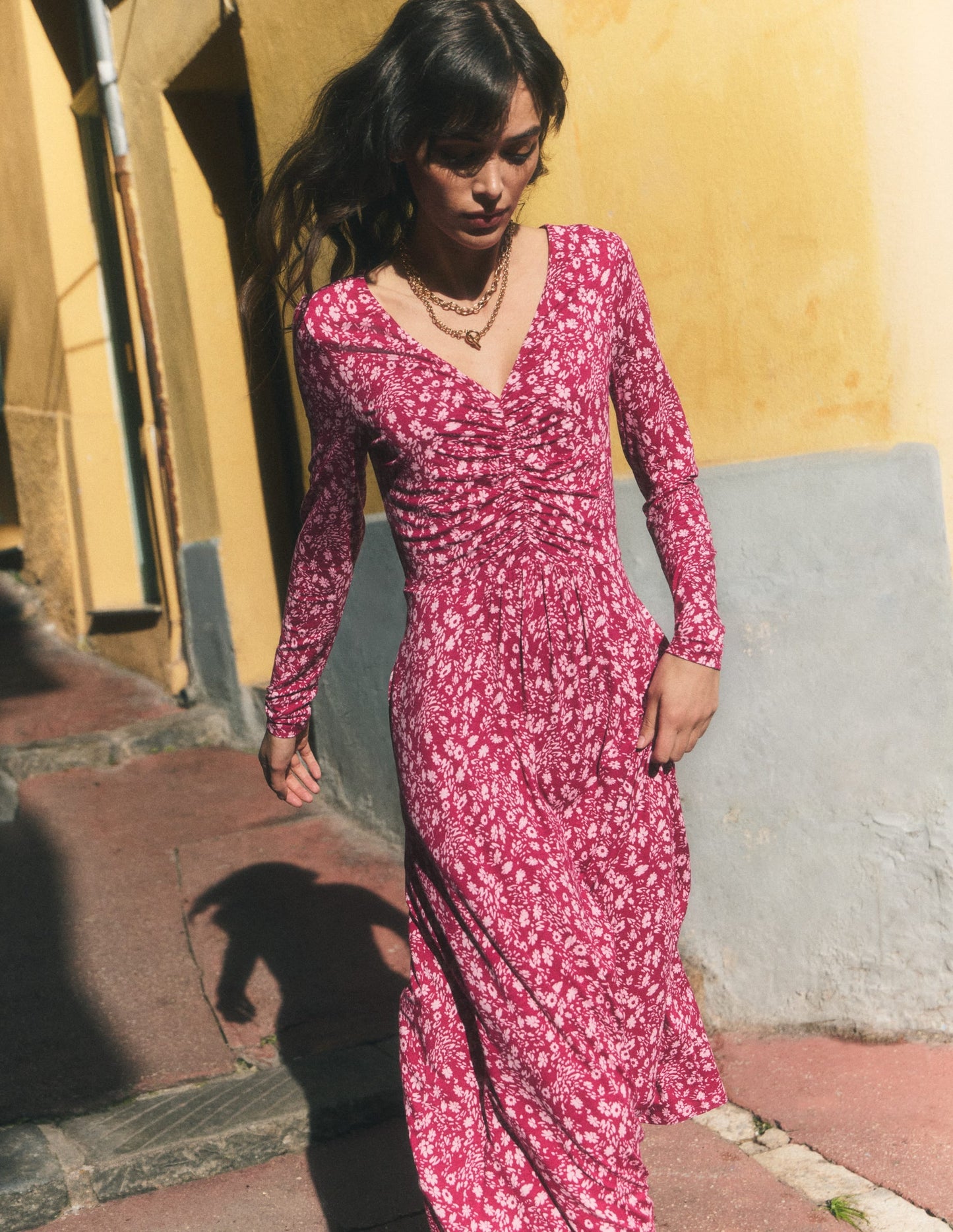 Jasmine Ruched Jersey Dress-Sweet Cherry, Scattered Flora
