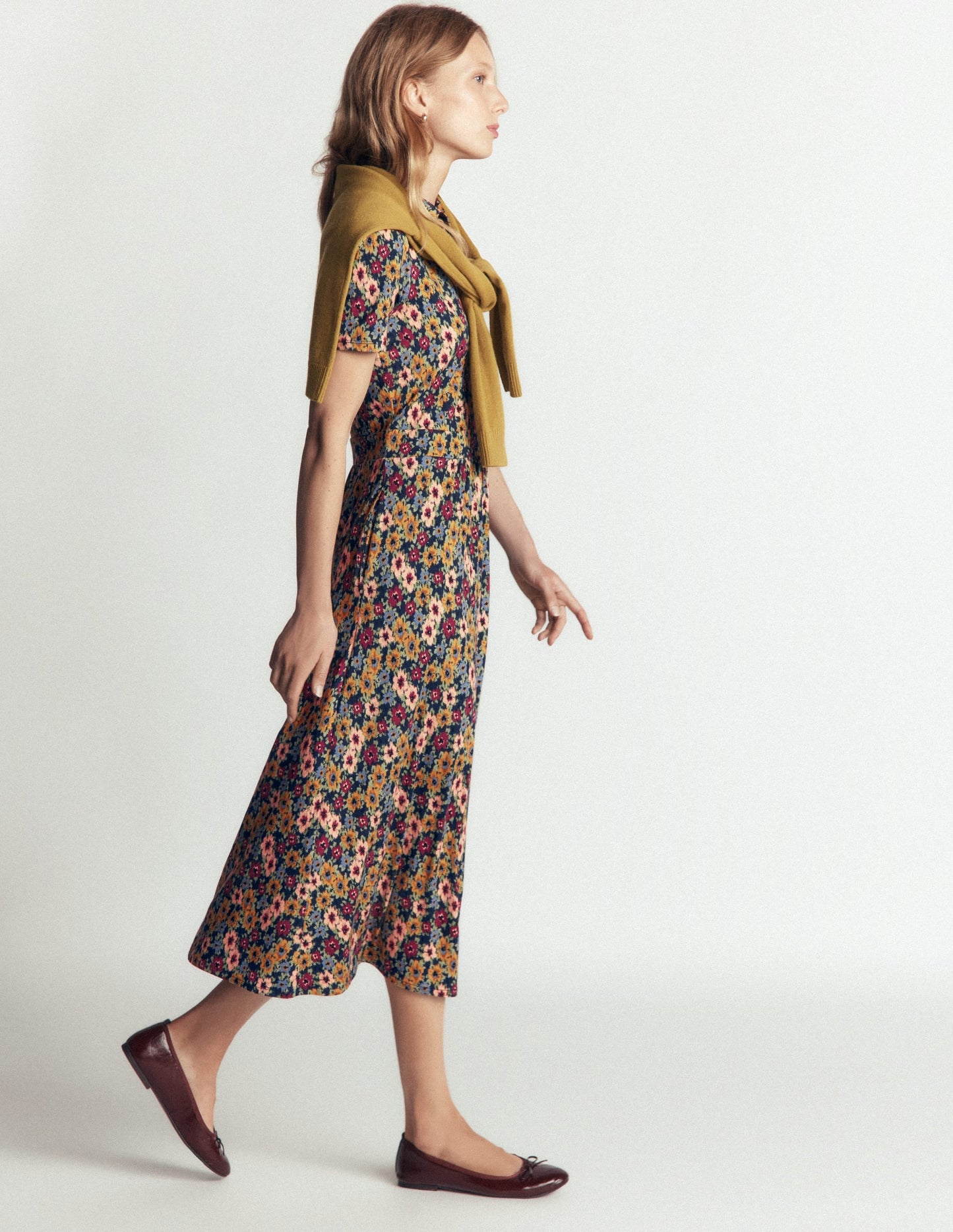 Heidi Jersey Midi Tea Dress-French Navy, Flecked Garden