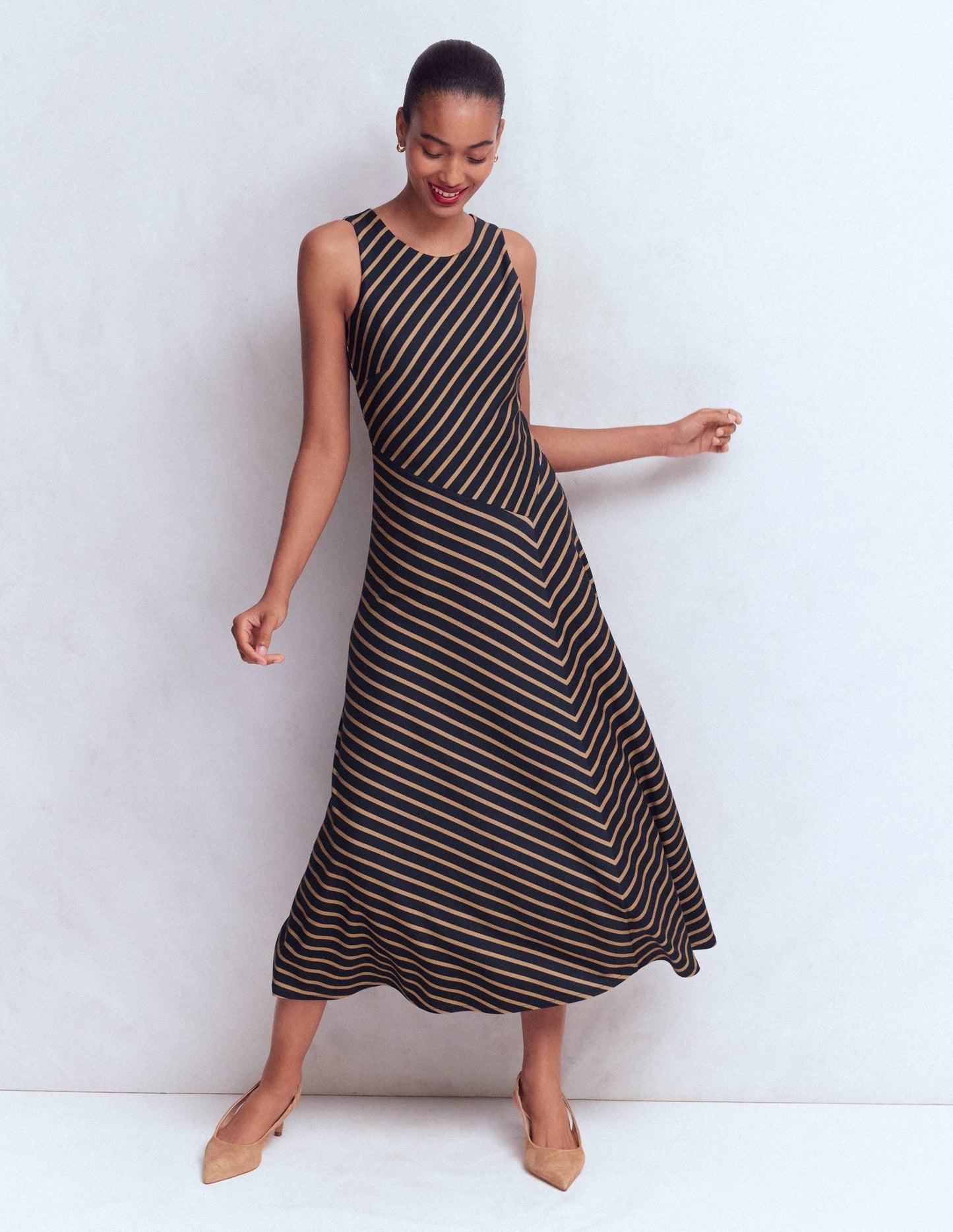 Asymetric Ponte Midi Dress-Navy and Camel Stripe