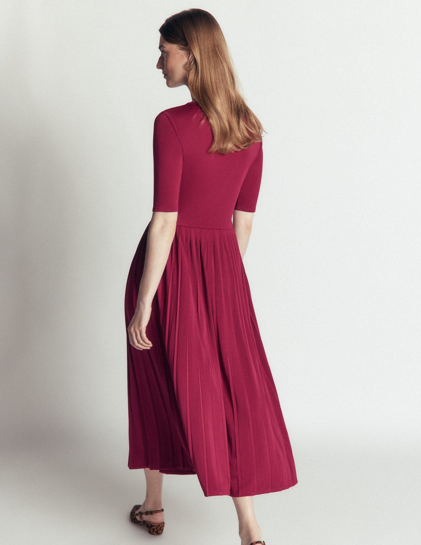 Pleated Jersey Midi Dress-Beetroot Red