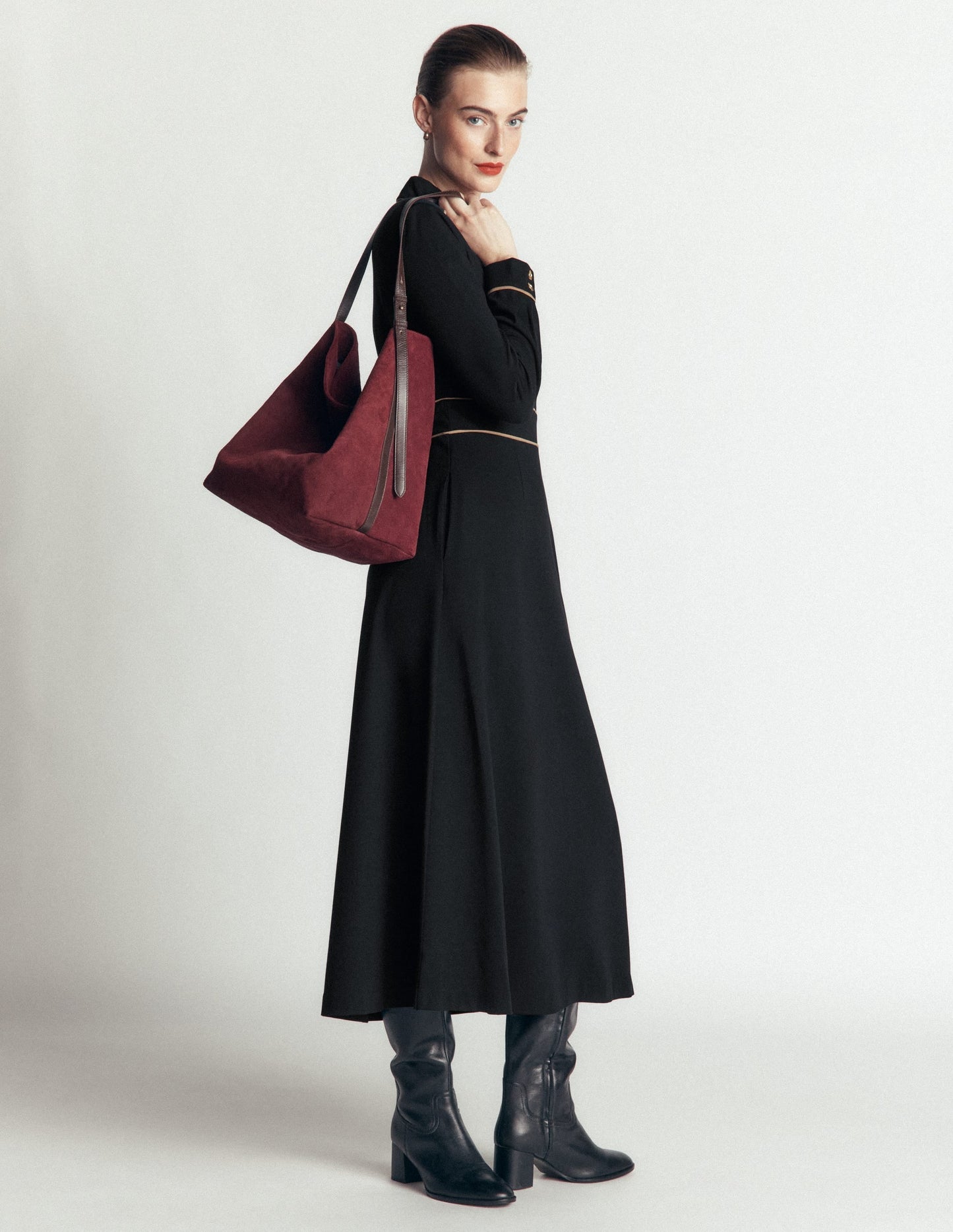 Etta Piping Detail Ponte Dress-Black, Camel