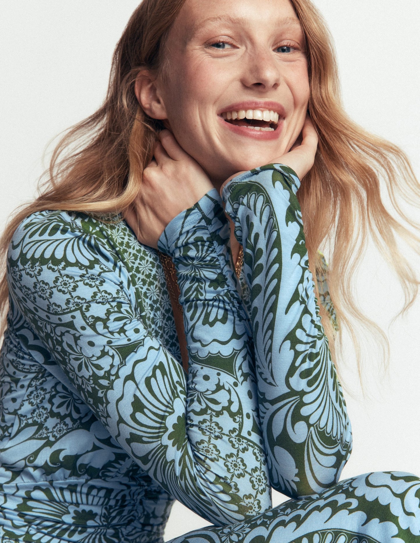 Mya Ruched Jersey Midi Dress-Forest Green, Botanical Medley