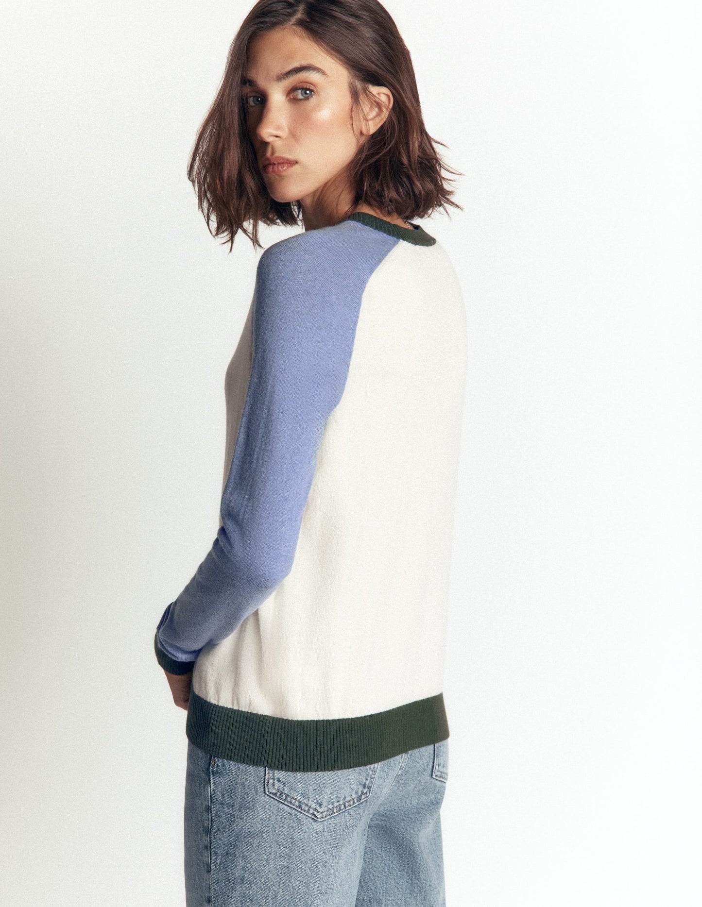 Meg Raglan Sleeve Jumper-Ivory, Blue and Green