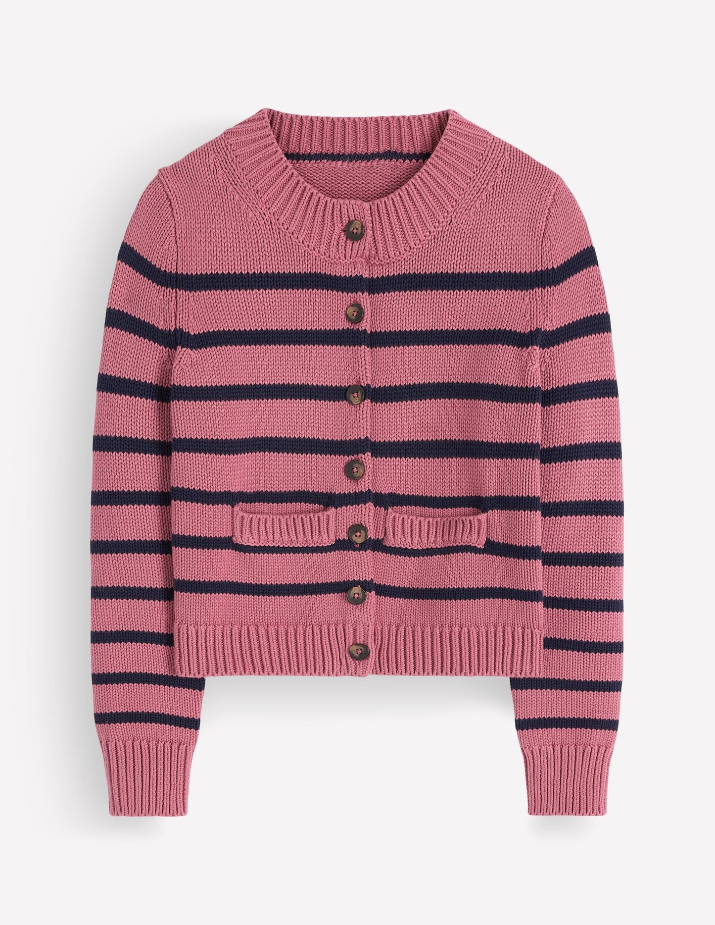 Lucy Chunky Cotton Cardigan-Pink Heather, Navy Stripe