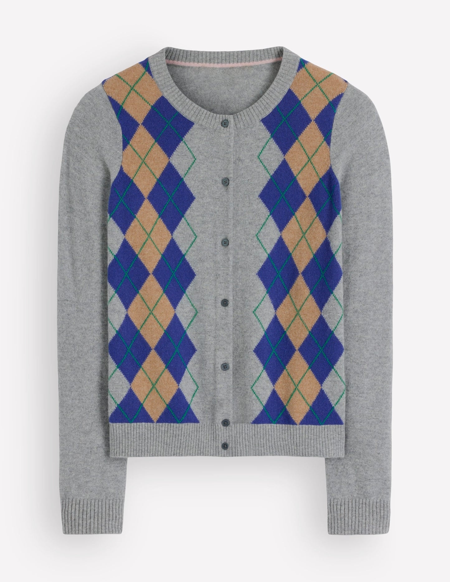 Elsie Cashmere Crew Cardigan-Grey Argyle