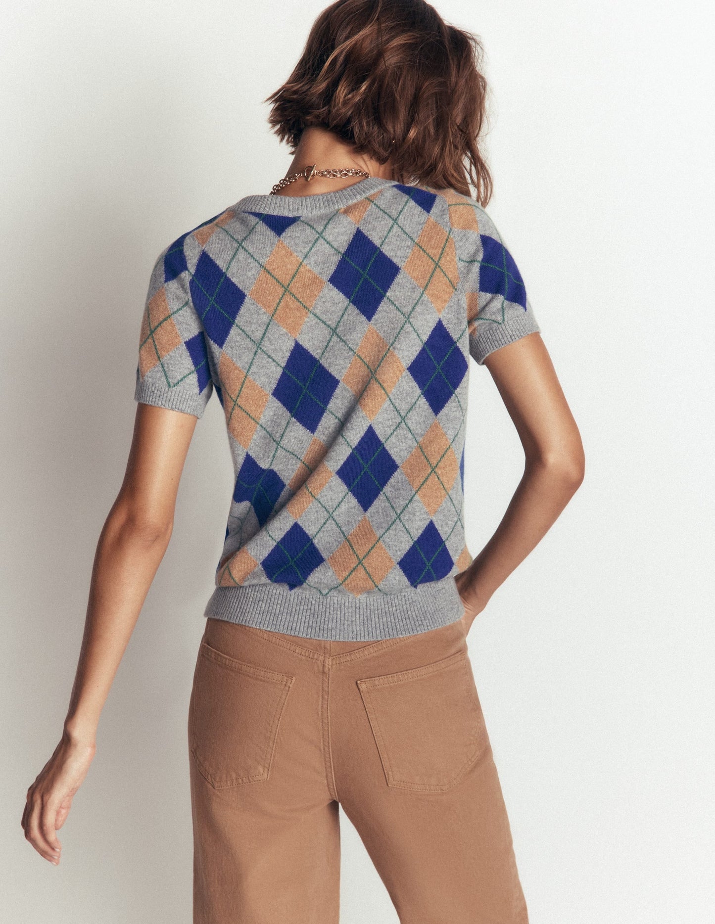 Elsie Cashmere Crew T-shirt-Grey, Argyle