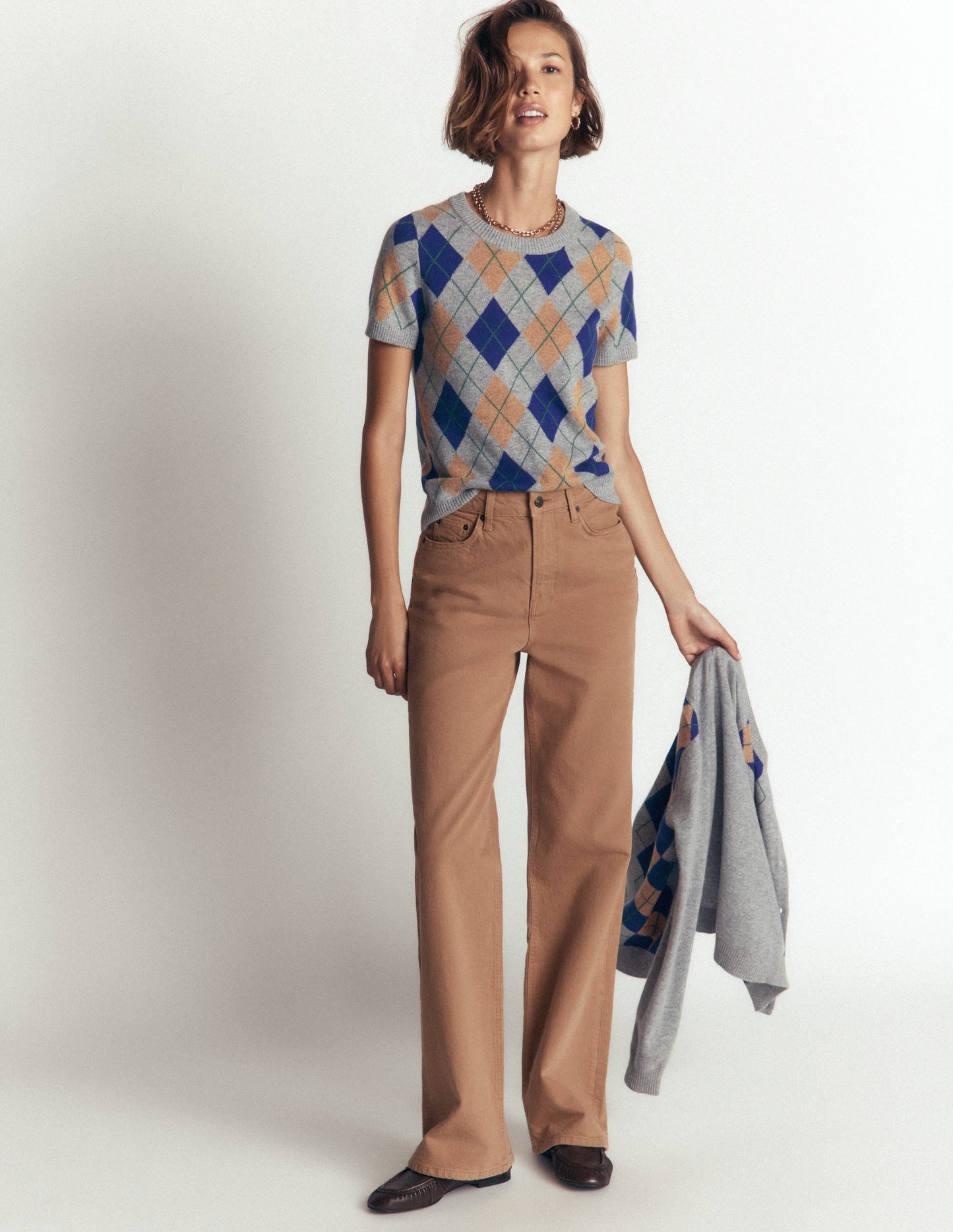 Elsie Cashmere Crew T-shirt-Grey, Argyle