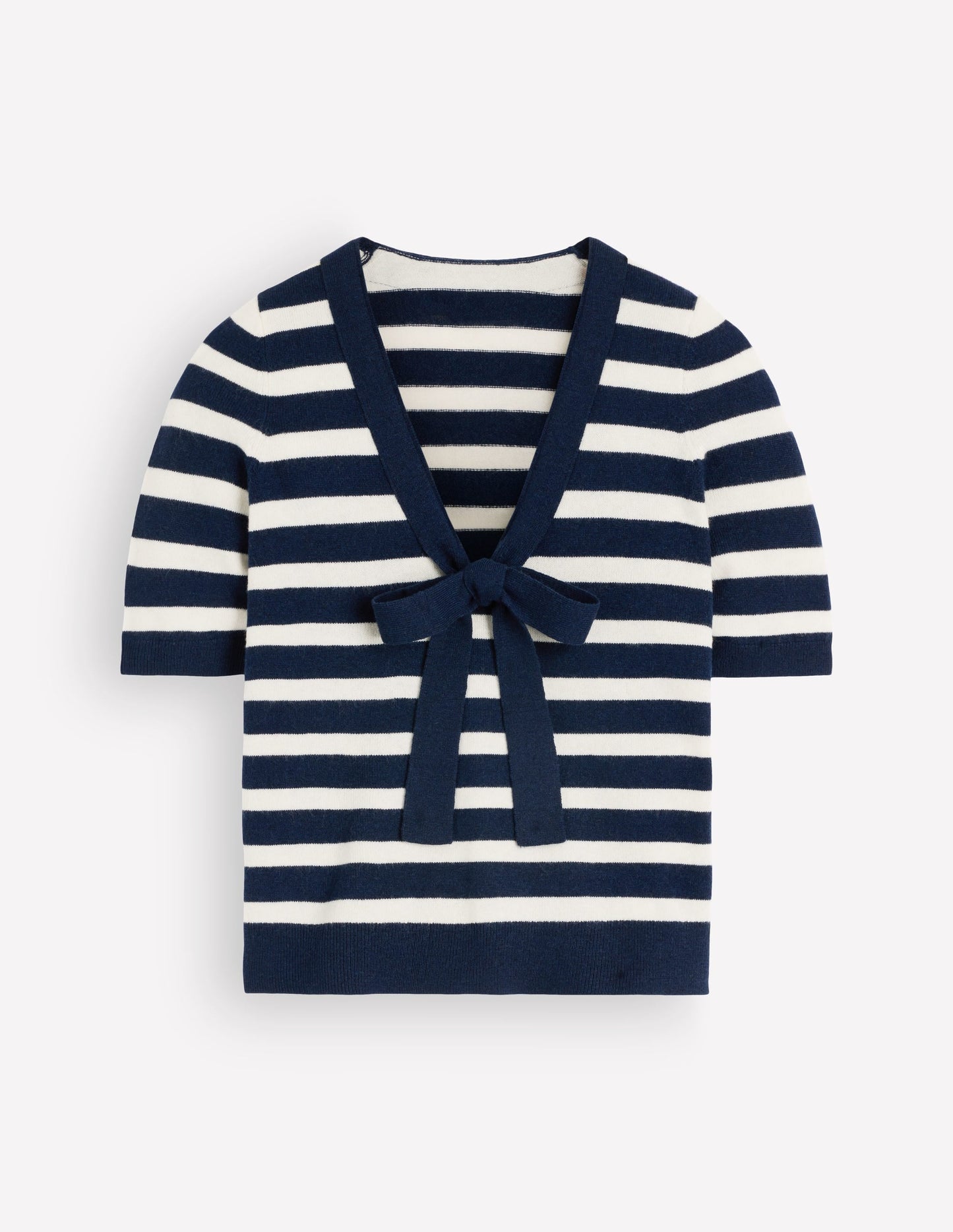 Bow Neck Knitted T-shirt-Navy, Ivory Stripe