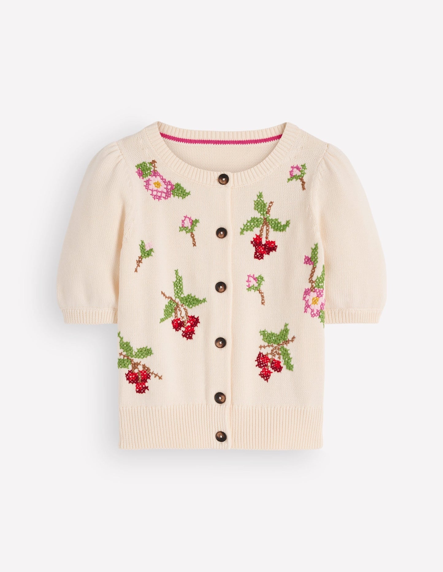 Puff Sleeve Cotton Cardigan-Warm Ivory, Embroidered