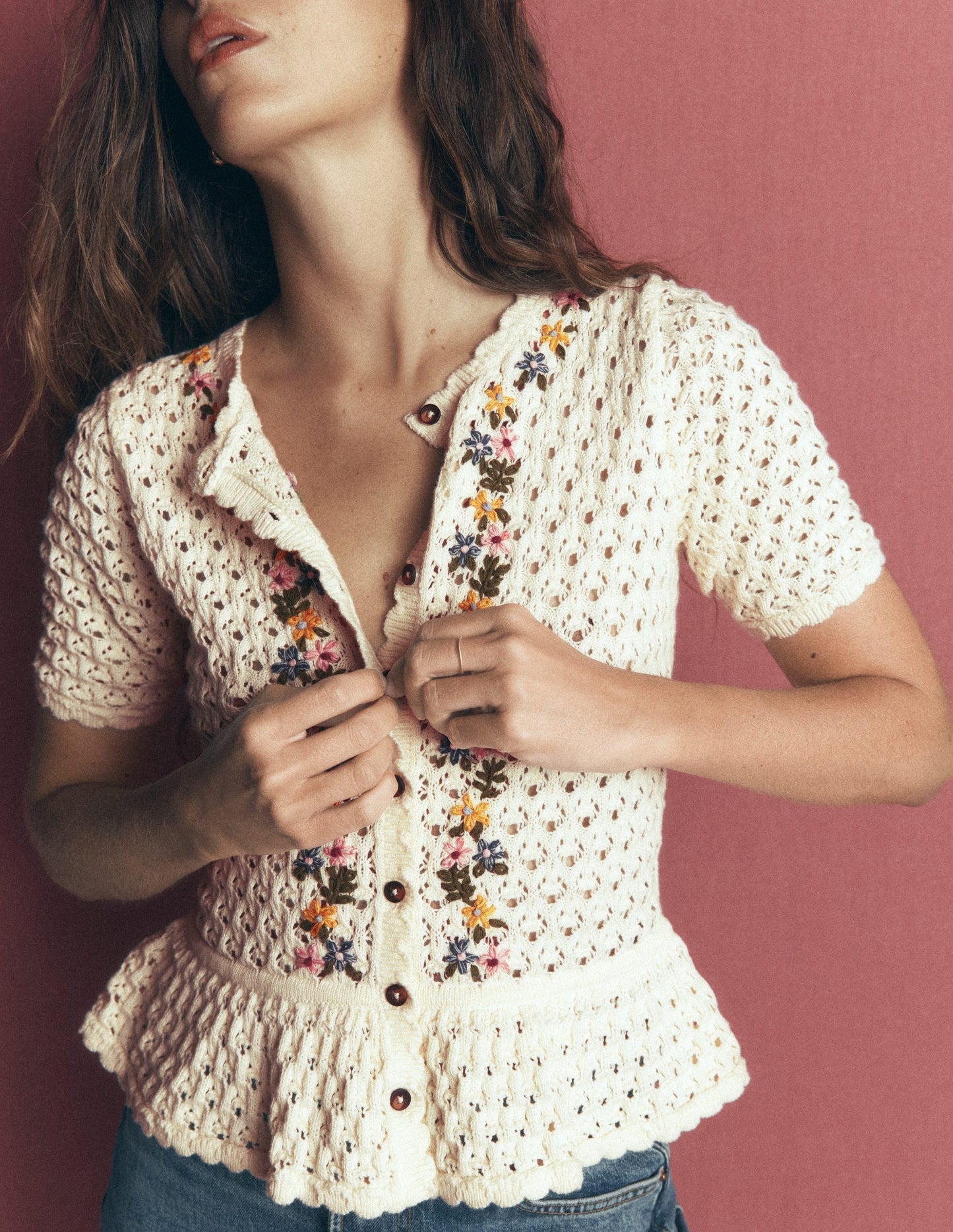 Embroidered Pointelle Cardigan-Ivory Embroidered