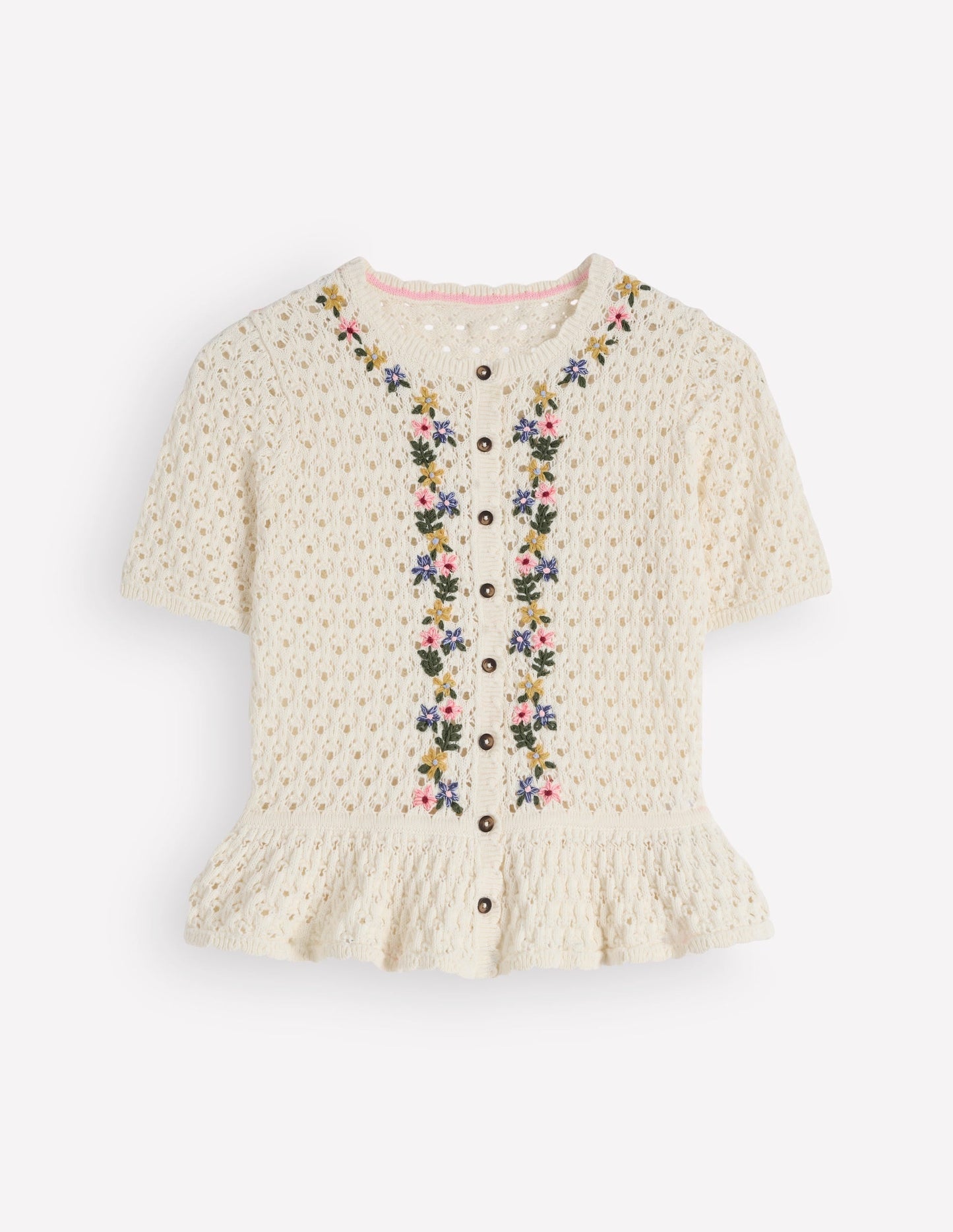 Embroidered Pointelle Cardigan-Ivory Embroidered