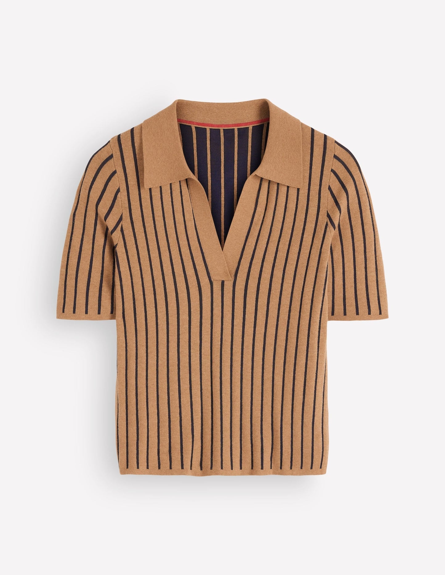Knitted Henley T-Shirt-Camel, Navy Stripe