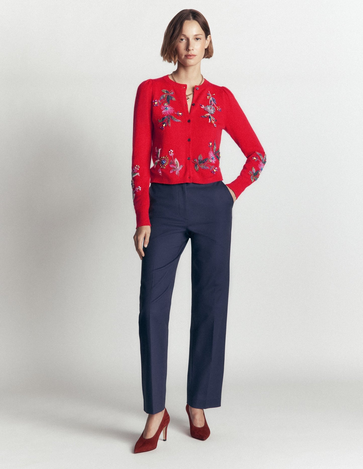 Ria Embellished Knit Cardigan-Poppy Red