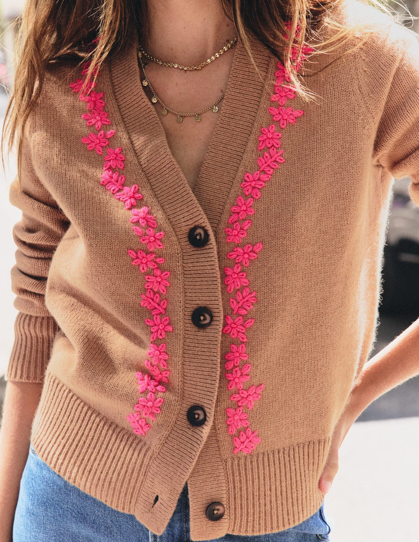 Ella Embroidered Knit Cardigan-Camel, Embroidery